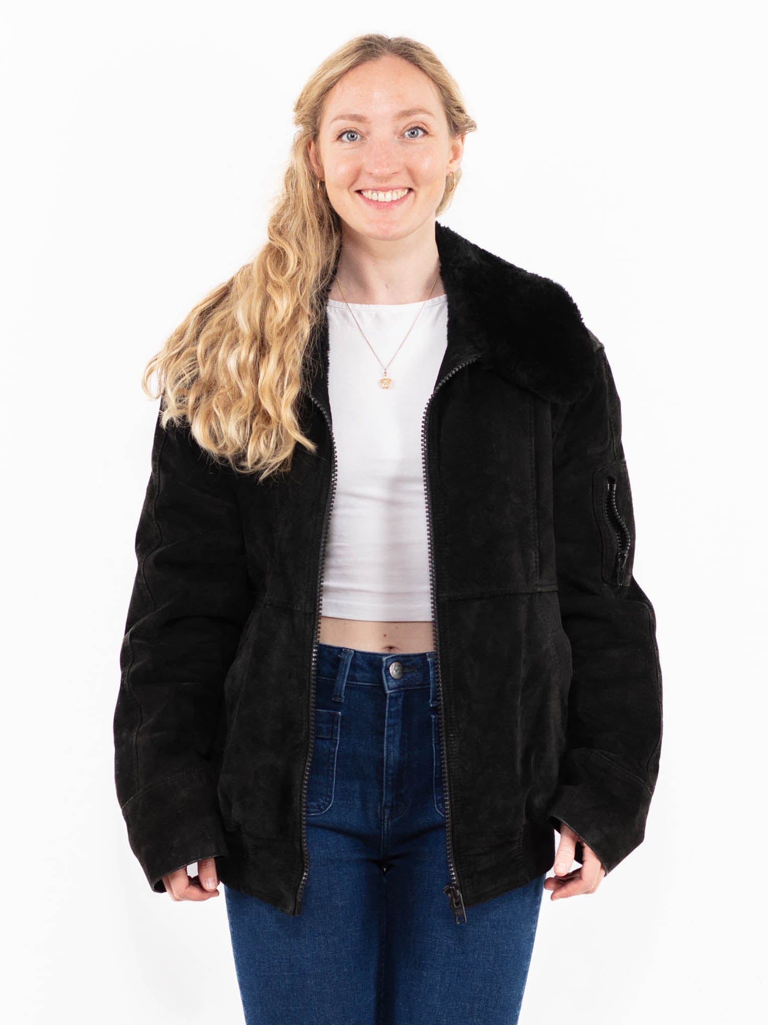 Vintage 90's Women Suede Sherpa Jacket in Black by Northern Grip