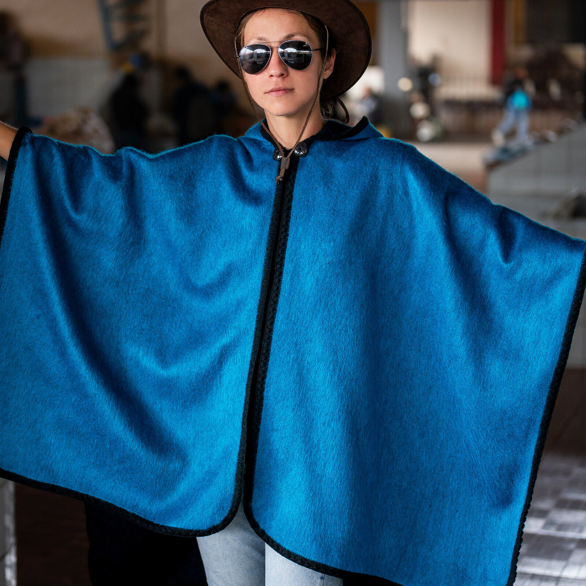 Pucara - Lightweight Baby Alpaca Hooded Cape Poncho - Blue - Unisex by ECUALAMA