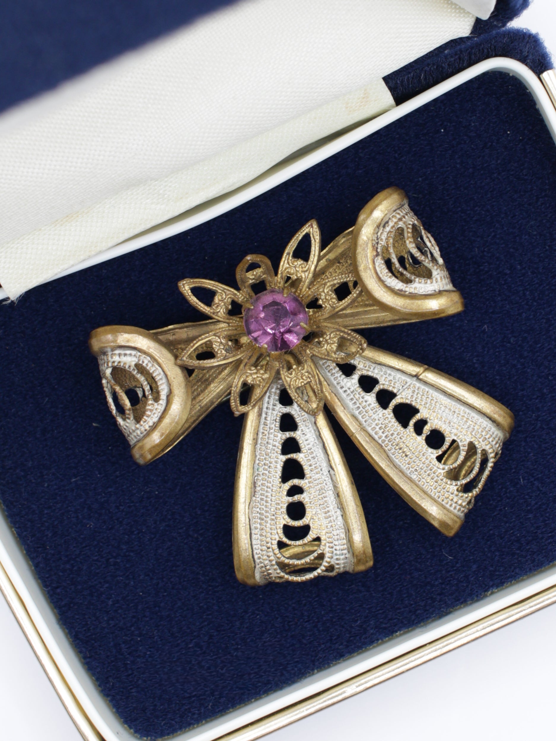 Vintage 50's Ribbon Bow Brooch with Purple Rhinestone Accent by Northern Grip
