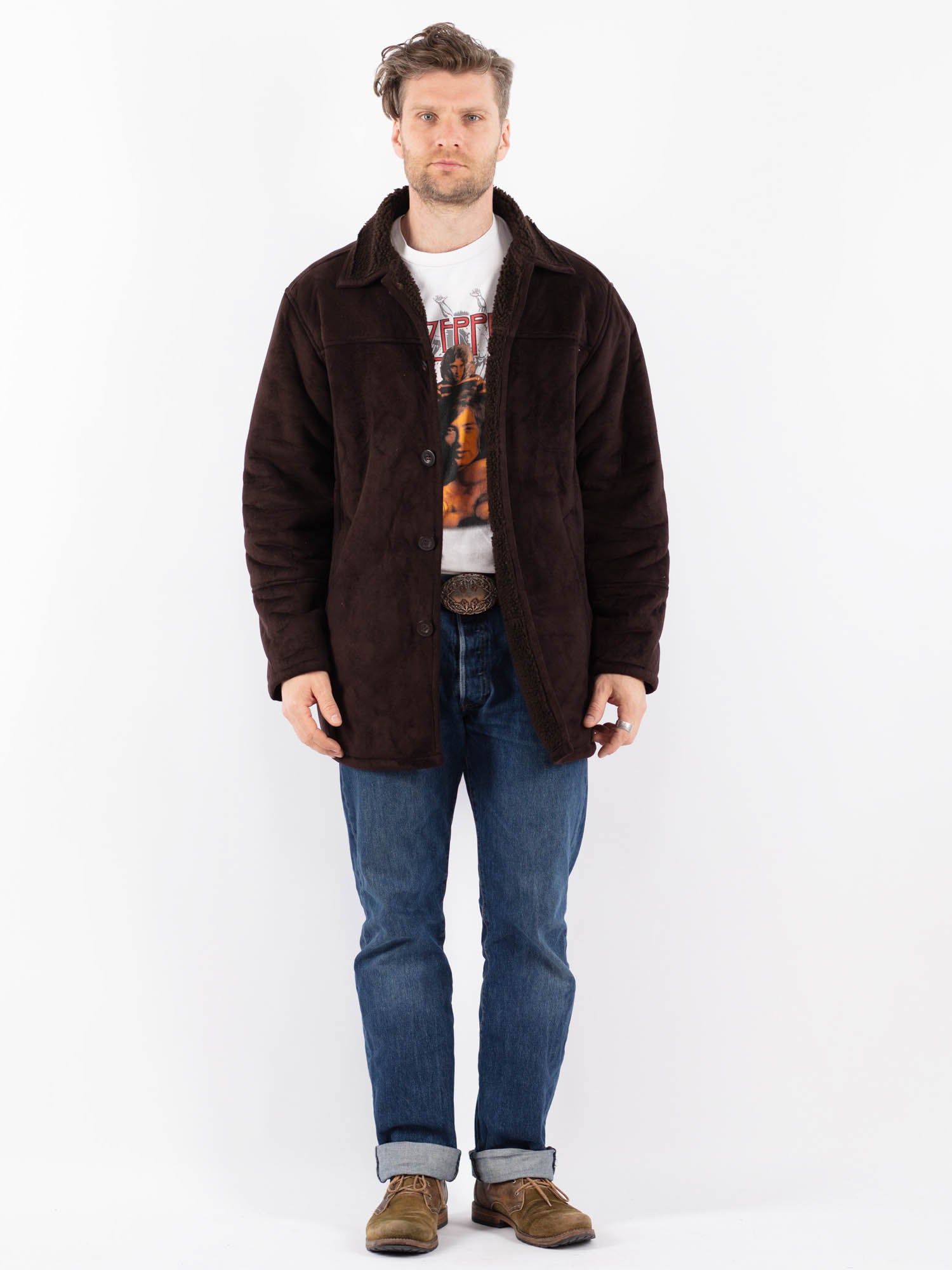Vintage 90's Men Faux Sheepskin Coat in Brown by Northern Grip