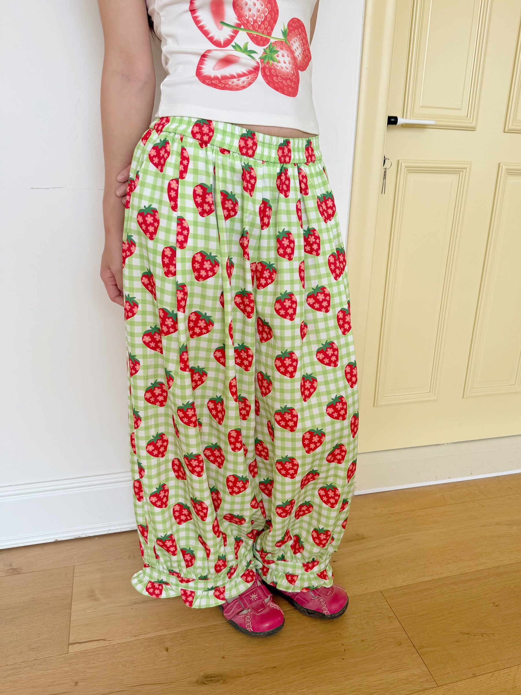 Strawberry Plaid Wide Leg Pants | Kawaii Japanese Streetwear Fashion by Land Decora