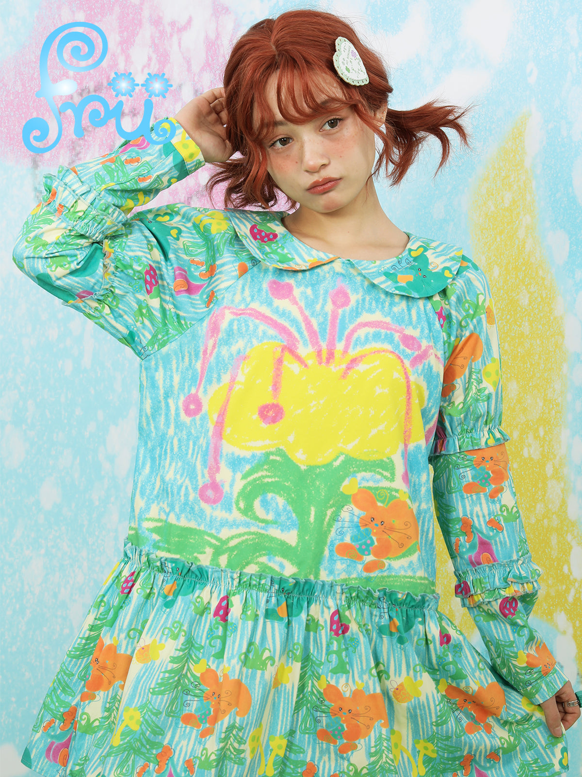 frufru Green Floral Dress | Doll Collar Loose Dress | Winter Dress Lon by Land Decora