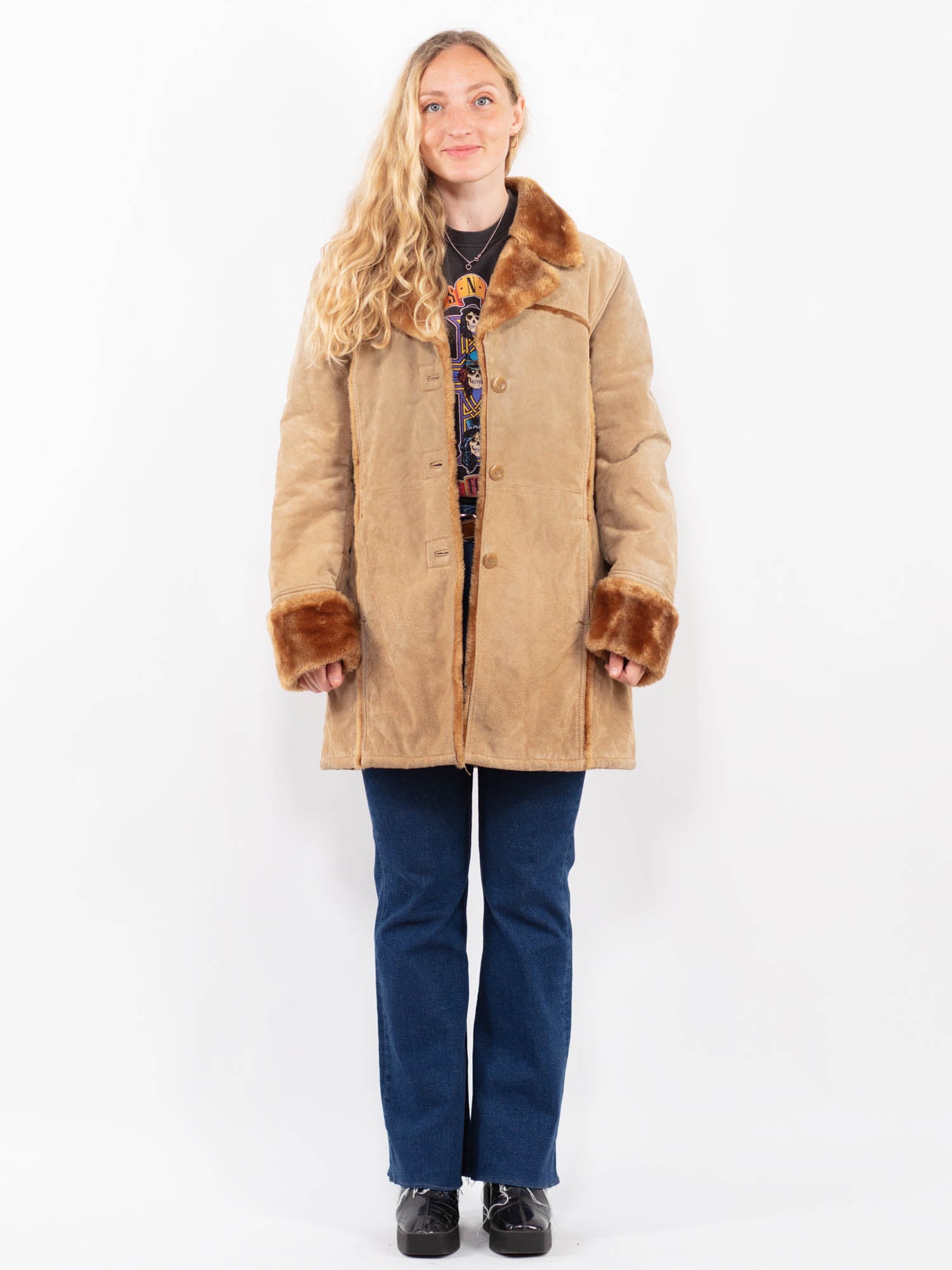 Vintage 00's Women Suede Sherpa Coat in Beige by Northern Grip