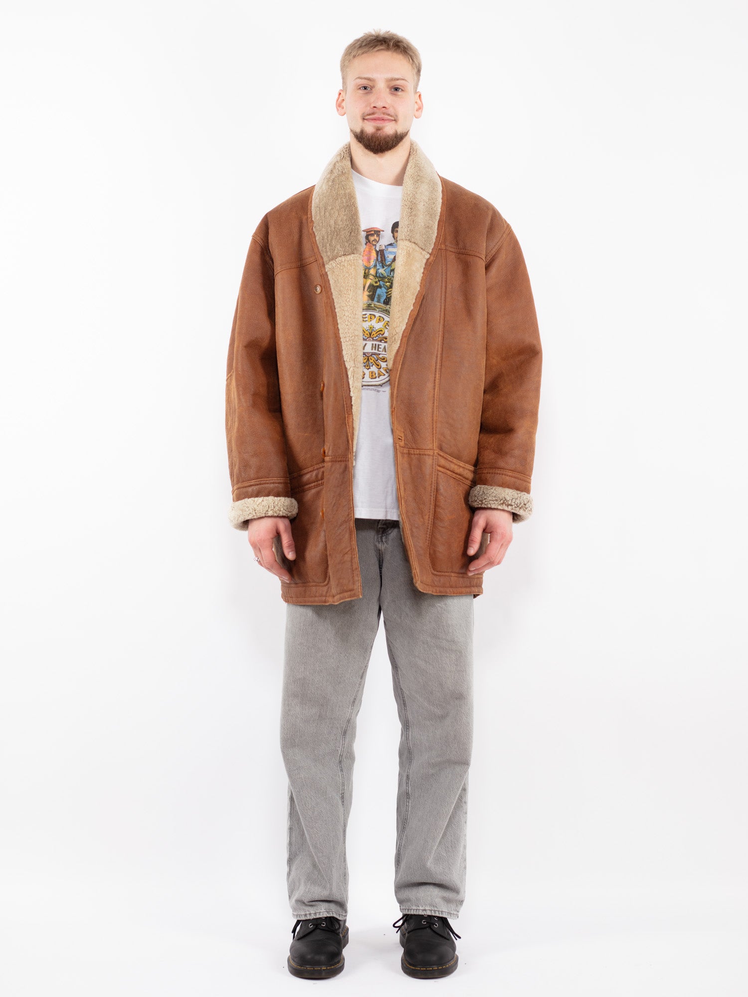 Vintage 90's Men Oversized Sheepskin Coat in Brown by Northern Grip