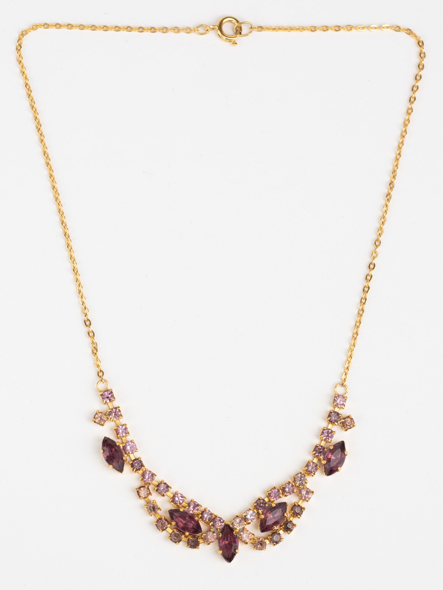 Vintage 60s Purple Rhinestone Necklace with Marquise Cut Crystals by Northern Grip