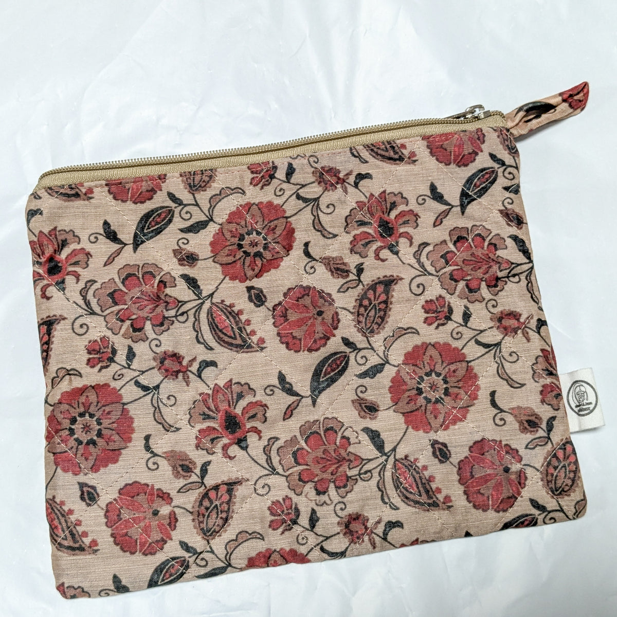 Quilted Sari Pouches: Burgundy Floral Pattern with Colourful Zipper by Shakti.ism