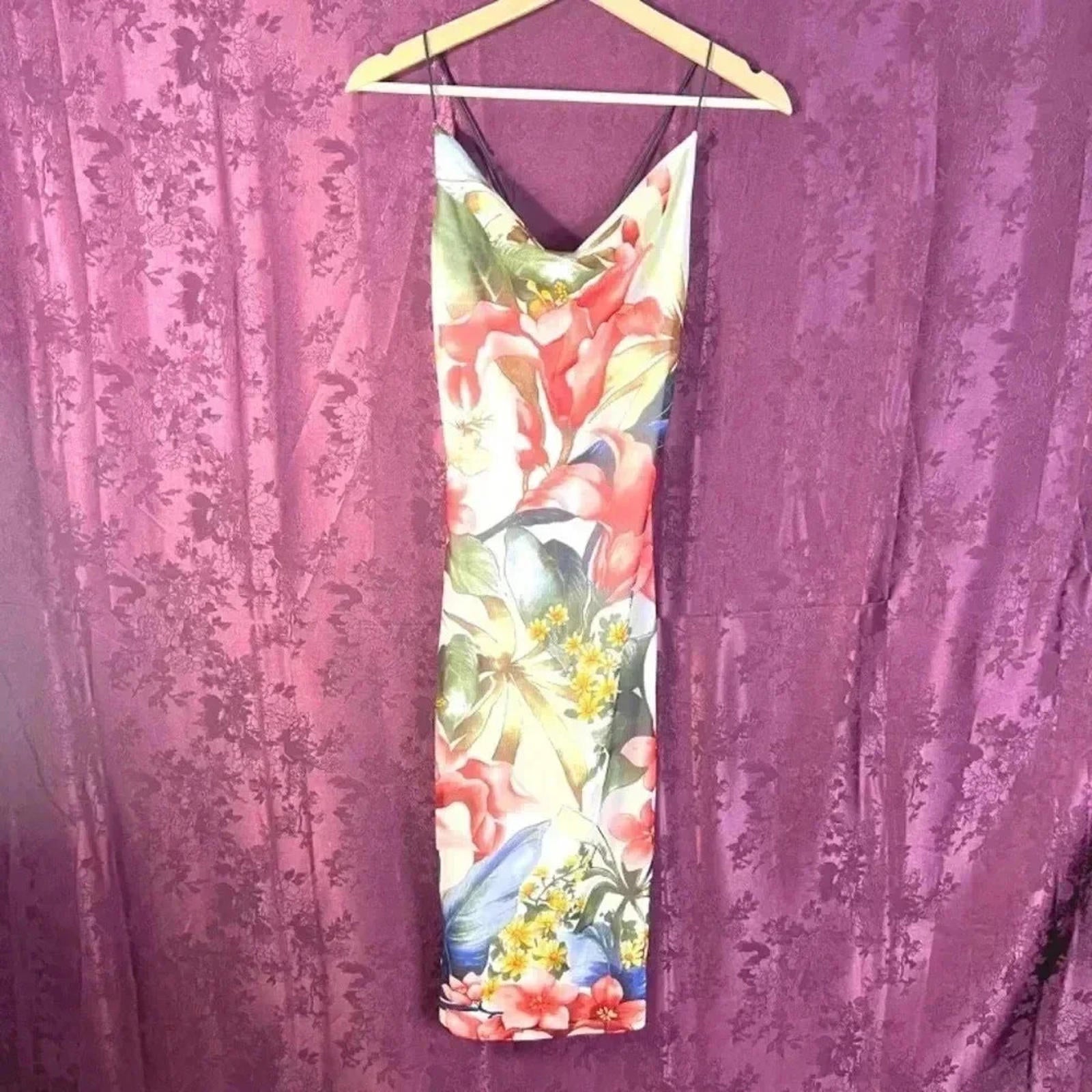 y2k Vintage A'Gaci Tropical Floral Cowl Neck Bodycon Dress Mesh Size S by Hot Girl Secondhand