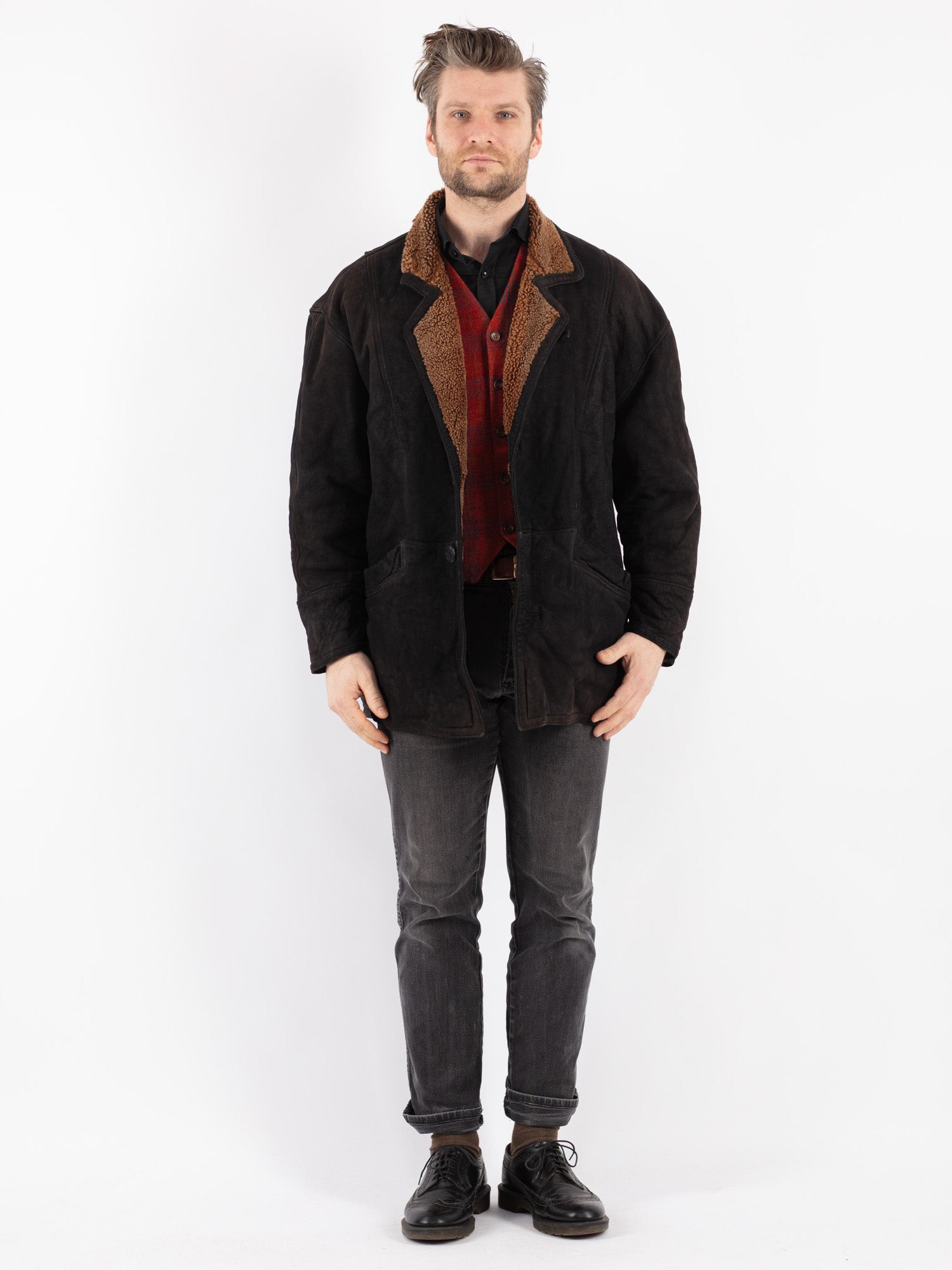 Vintage 90's Men Sheepskin Coat in Black by Northern Grip