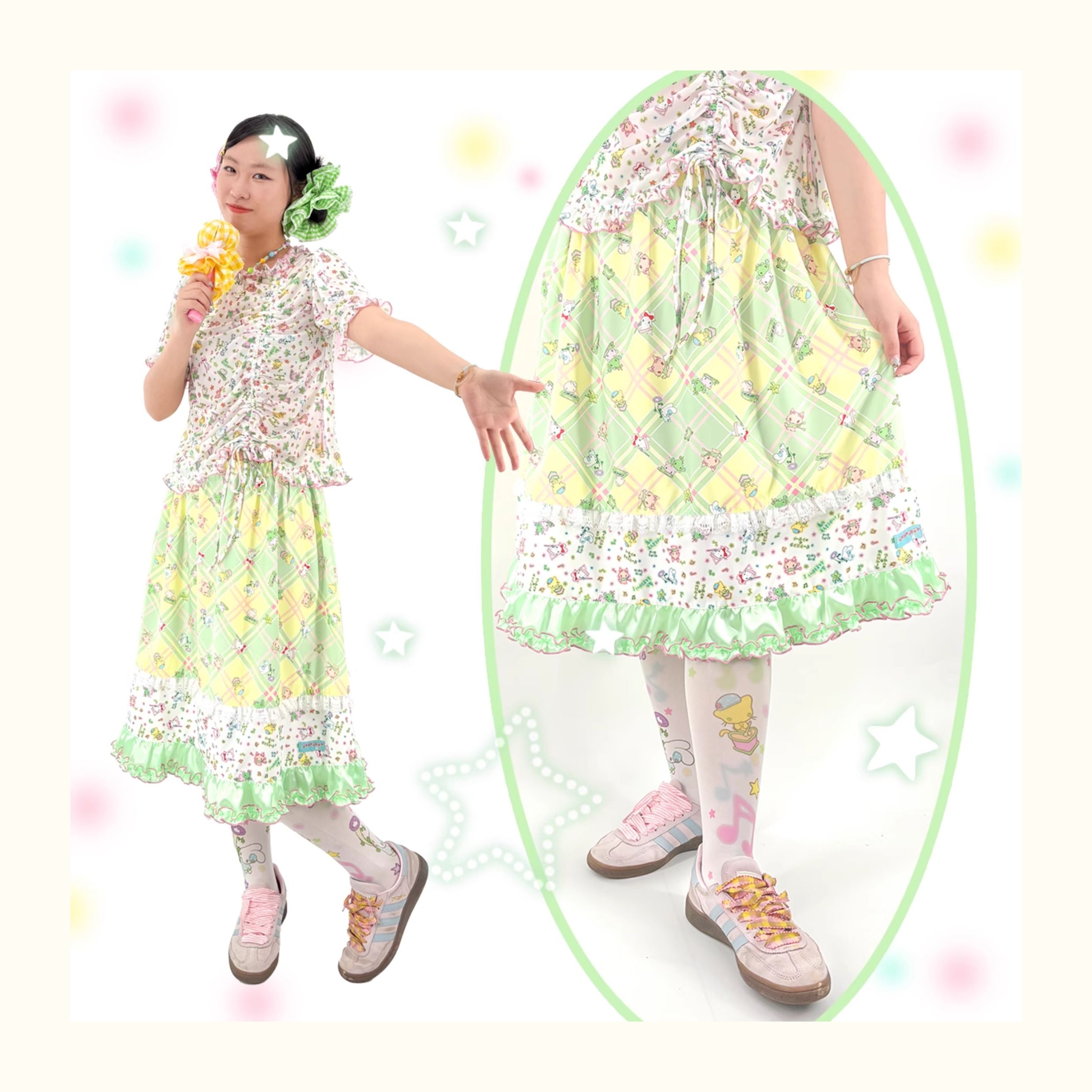 Shishihshop Green Plaid Patchwork Midi Skirt | Harajuku Vintage Ruffle by Land Decora