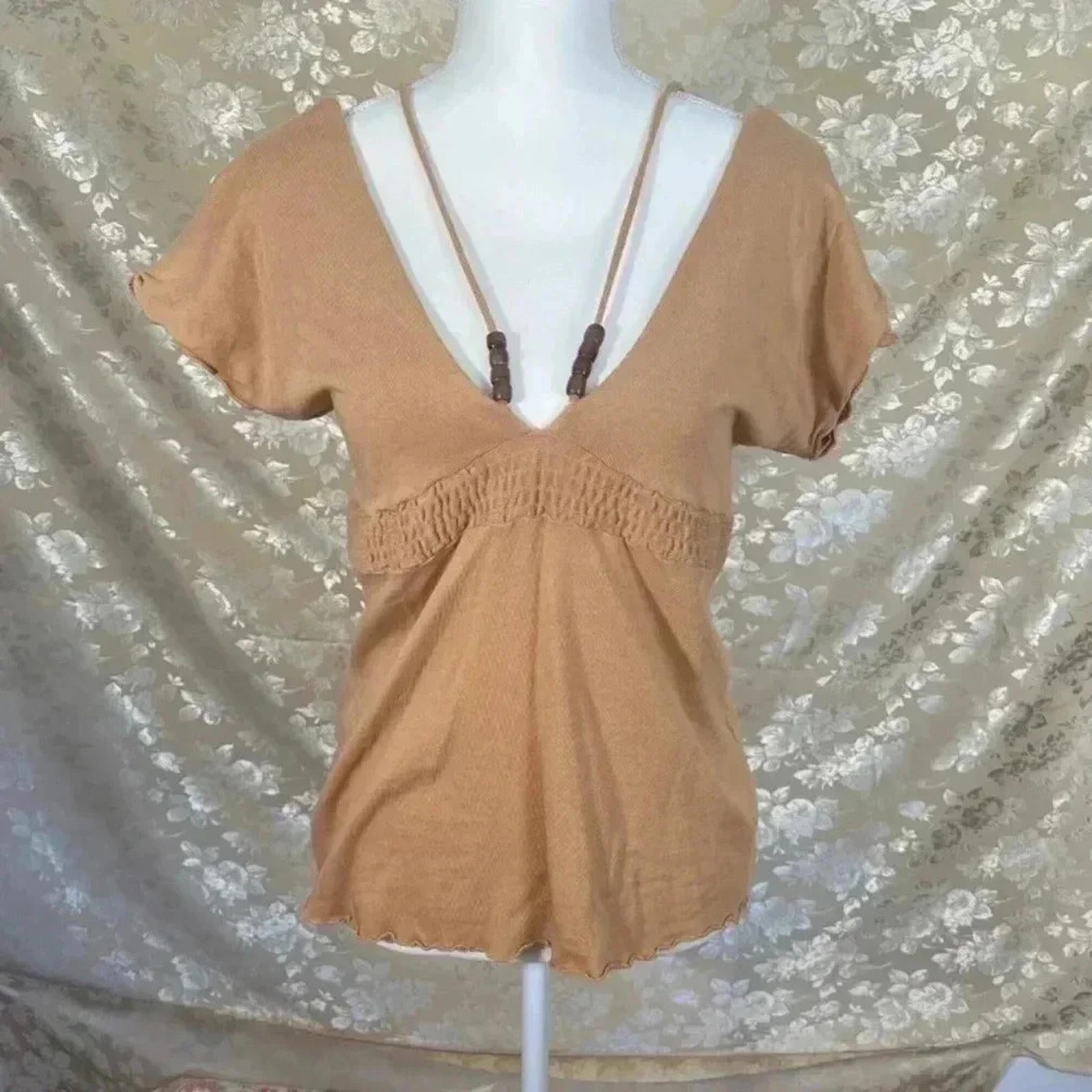 Ella Moss Tan V Neck Blouse Wood Beads Knit Boho Chic Bohemian Women's by Hot Girl Secondhand