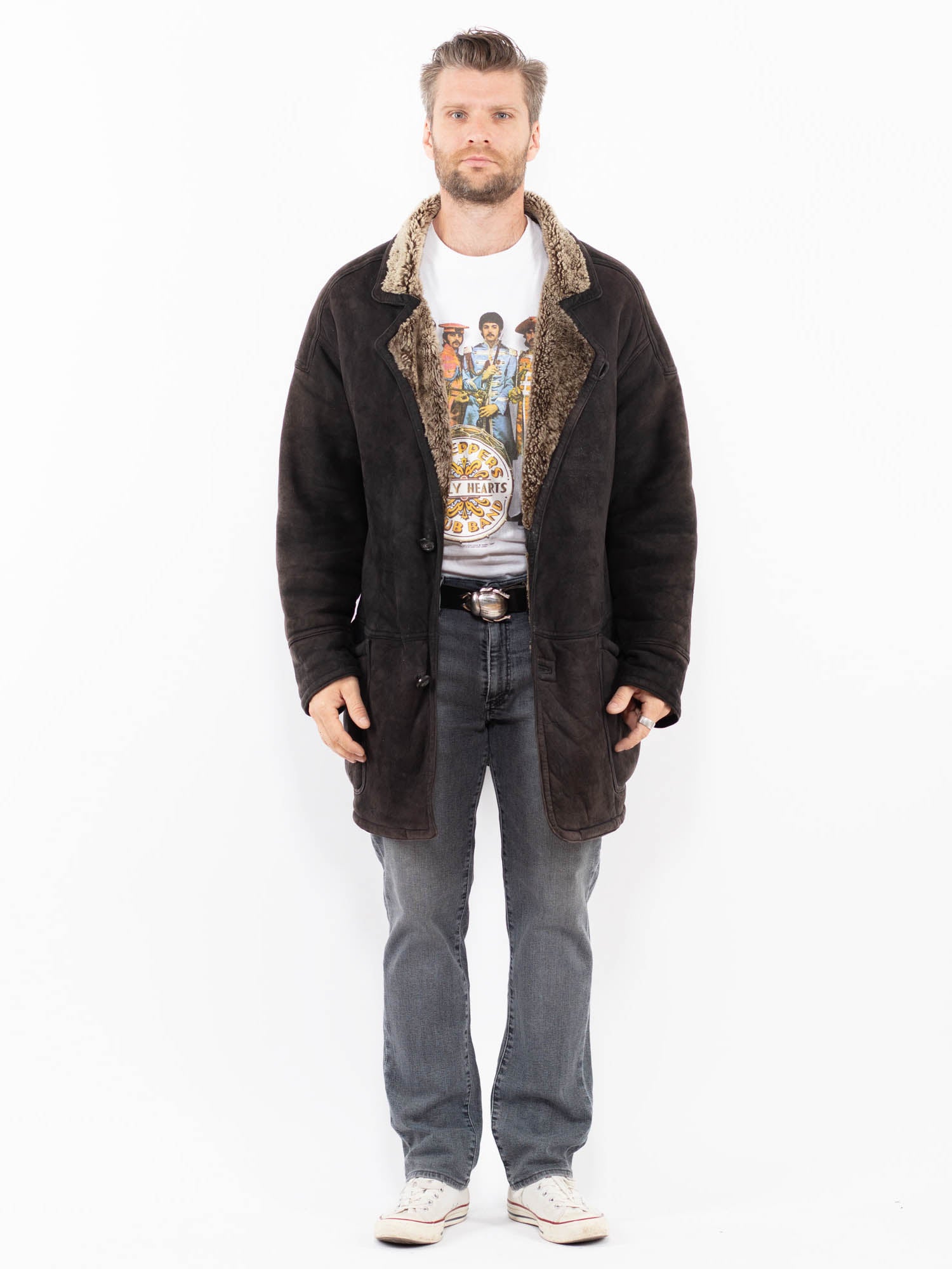 Vintage 90's Men Sheepskin Coat in Faded Black by Northern Grip