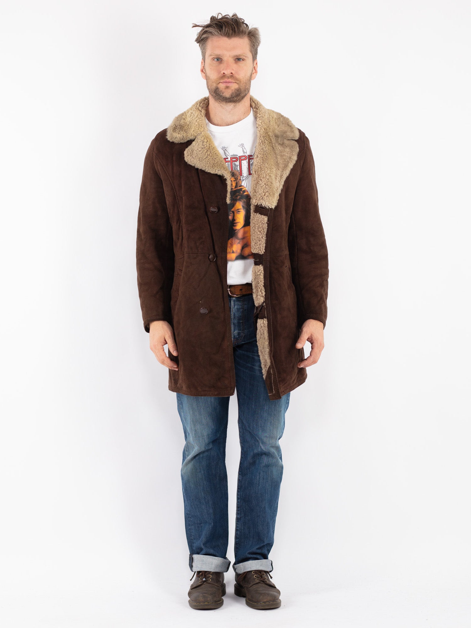 Vintage 70's Men Sheepskin Coat in Brown by Northern Grip