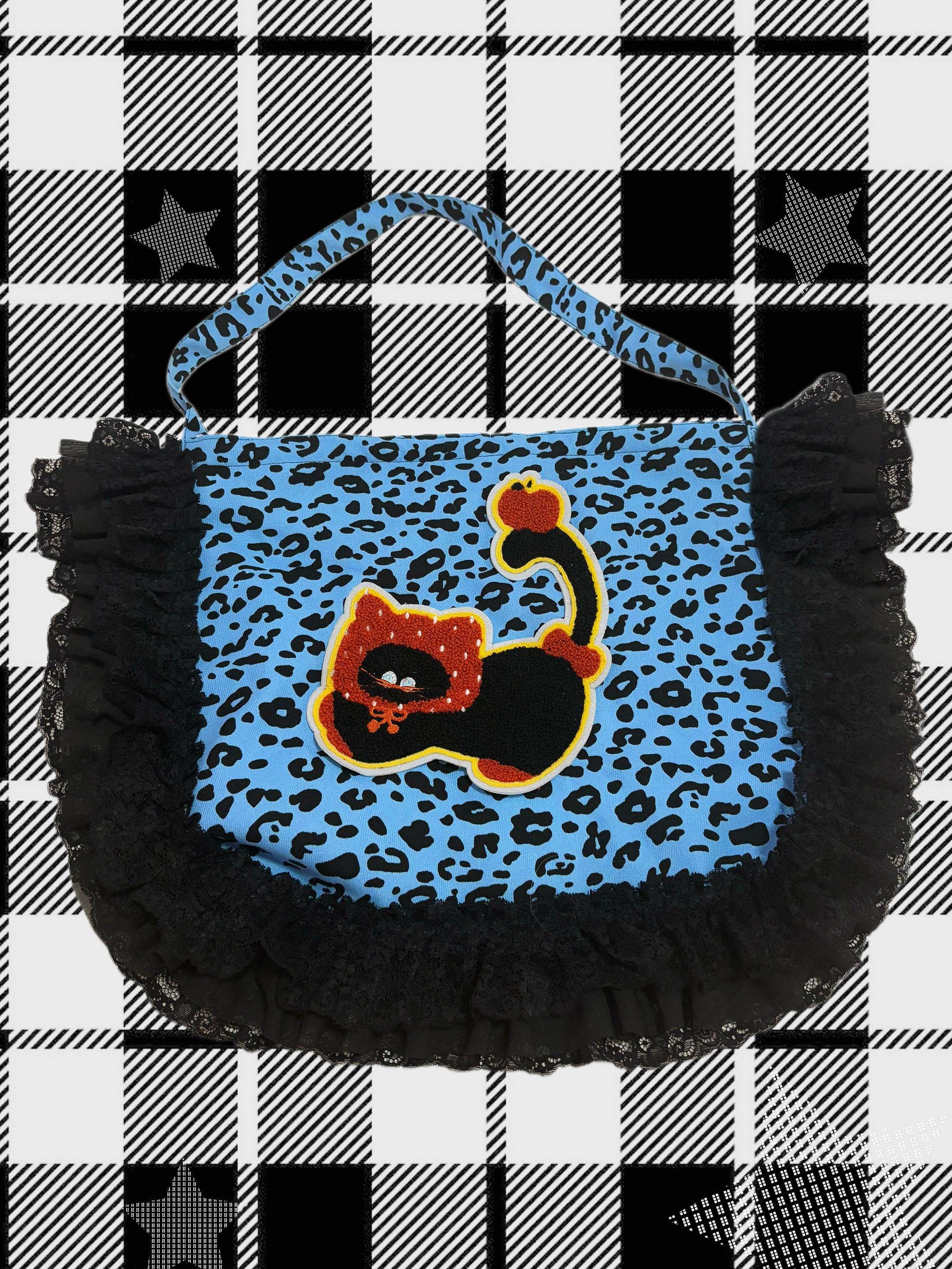 LEERROO - Y2K Blue Leopard Cat Corduroy Crossbody Bag by Land Decora