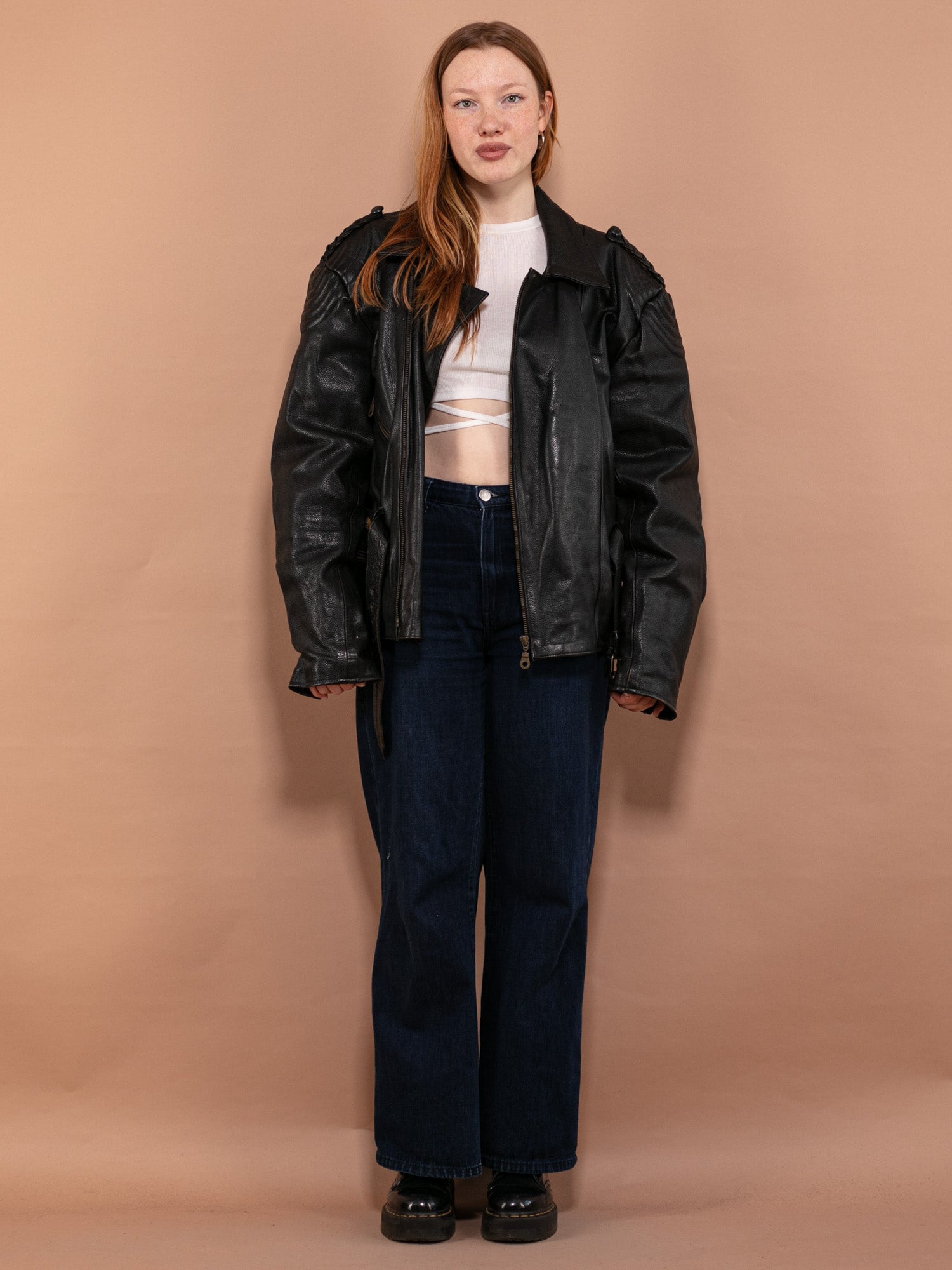 Vintage 80's Women Oversized Leather Biker Jacket in Black by Northern Grip