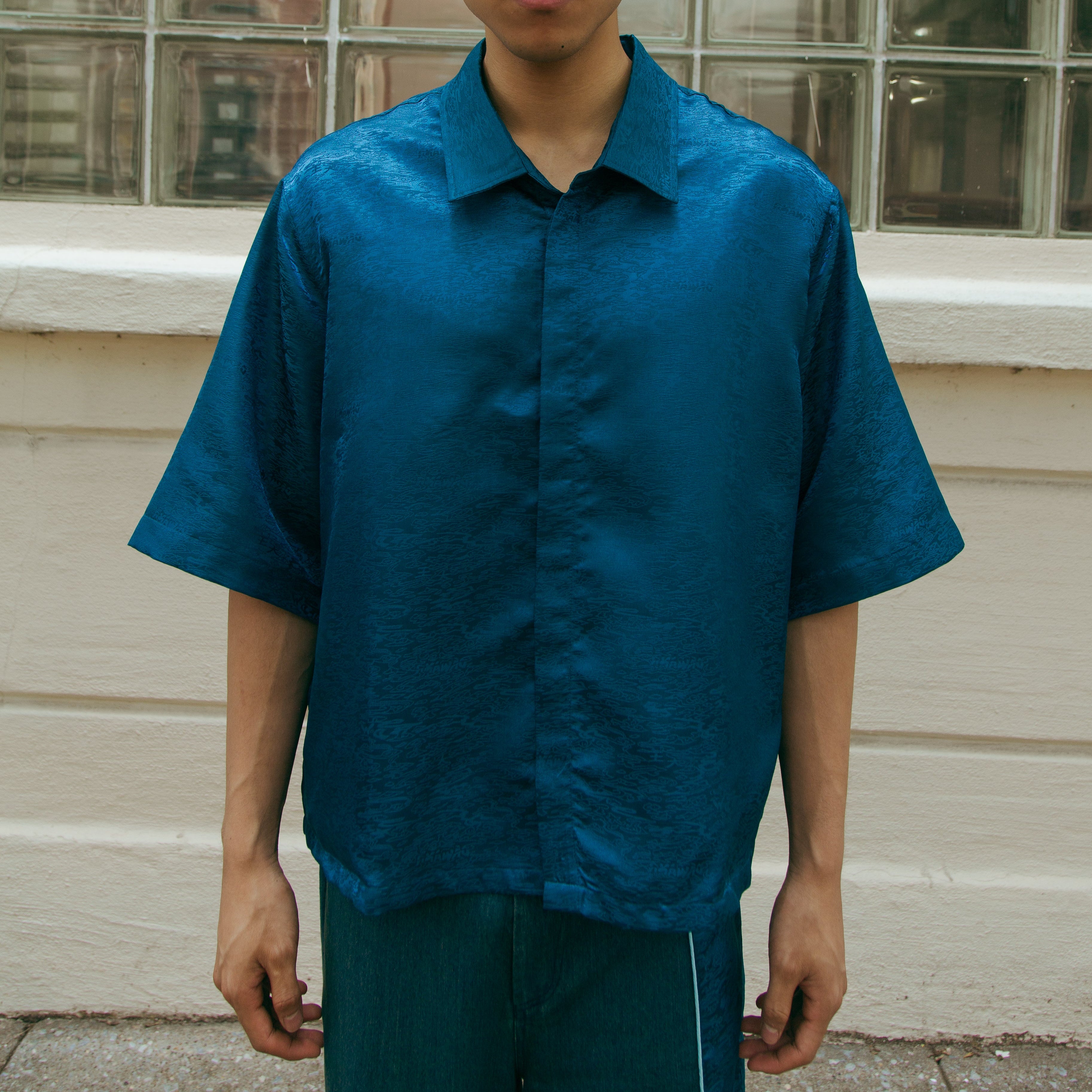 Dori Brocade Straight Collar Shirt Forest Blue by DAWANG
