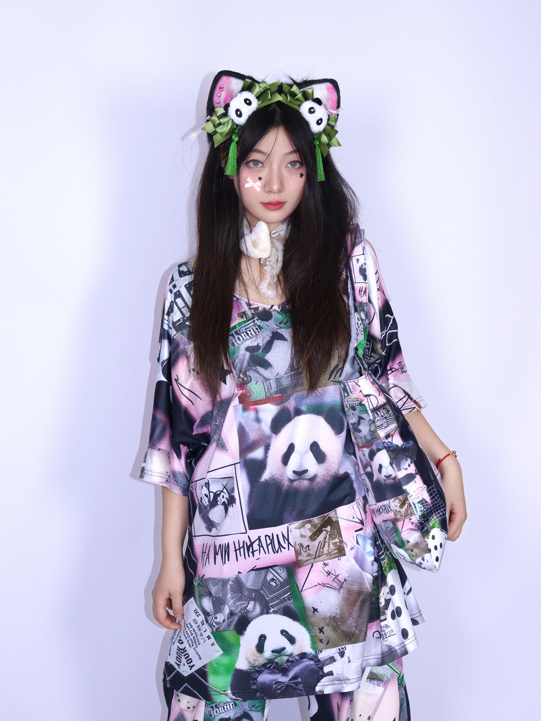 Y2K Panda Print Cold Shoulder Top Retro Harajuku - LEERROO by Land Decora
