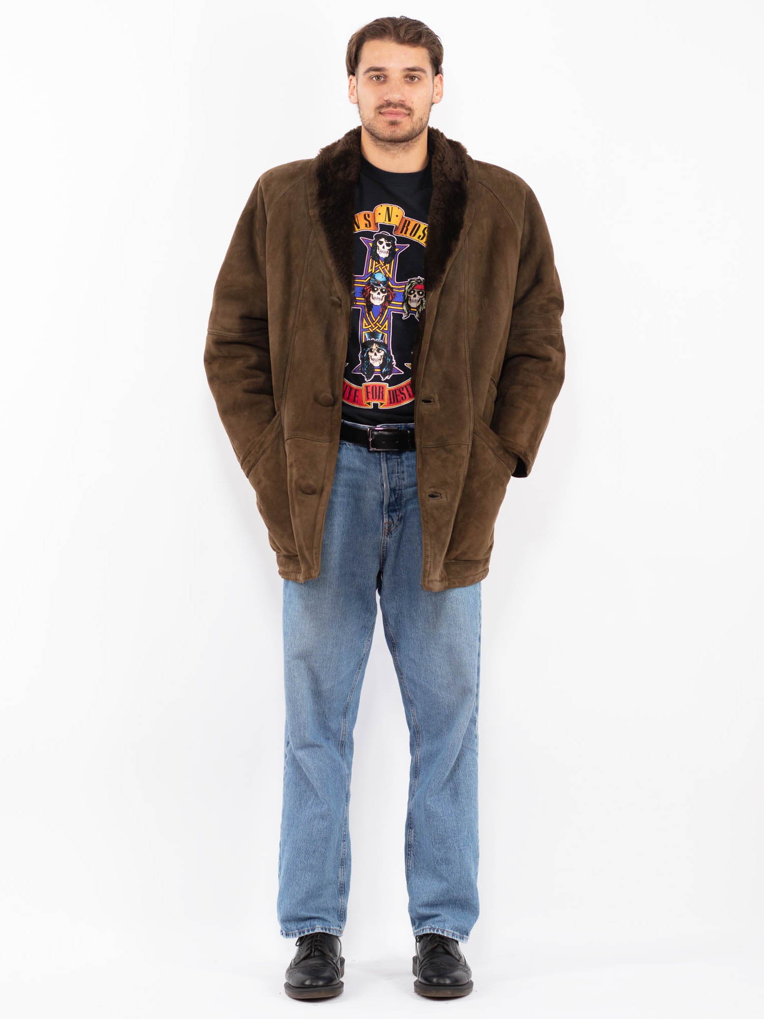 Vintage 80's Men Sheepskin Suede Coat in Moss Brown by Northern Grip