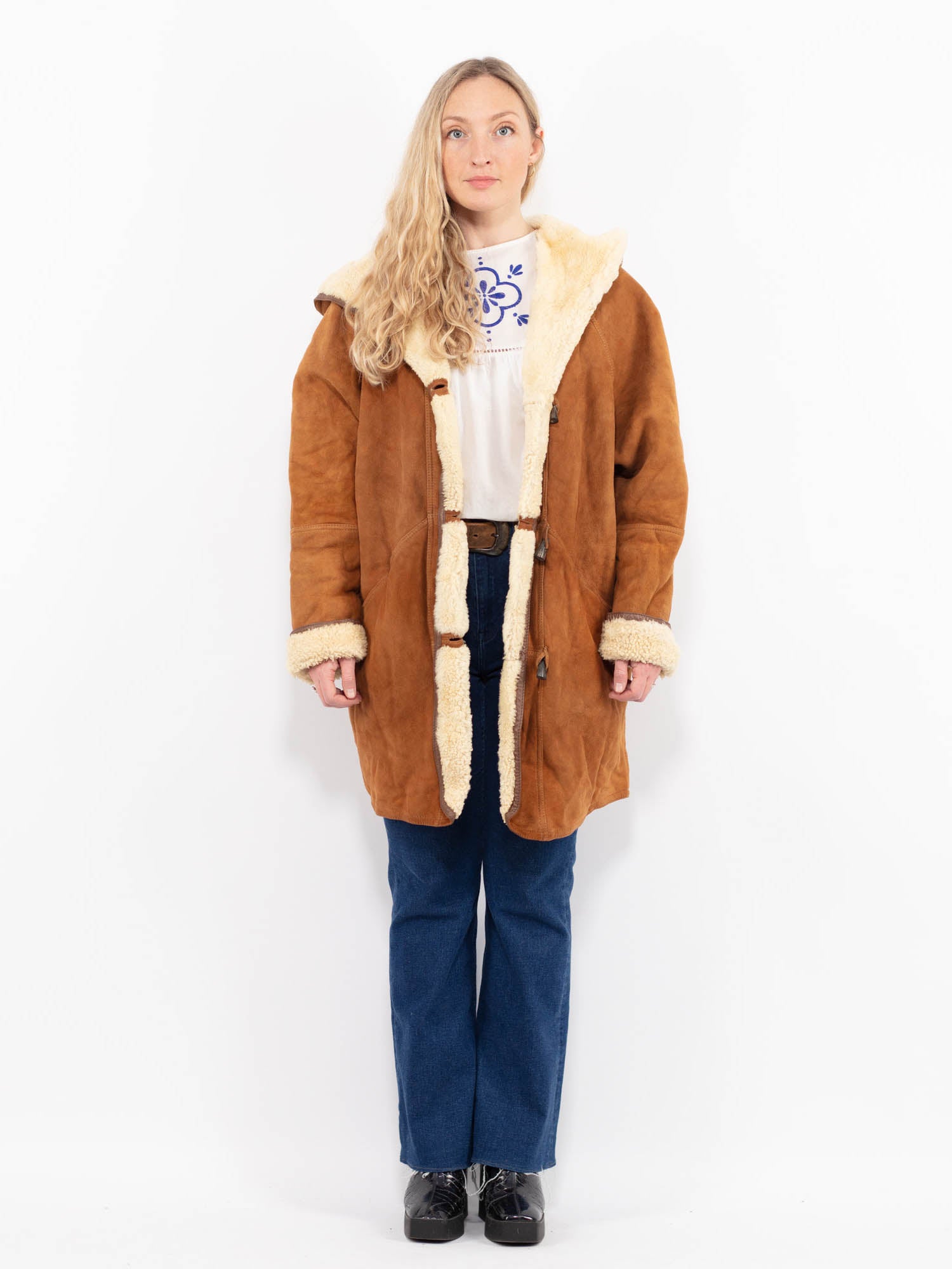 Vintage 90's Women Hooded Shearling Coat in Brown by Northern Grip