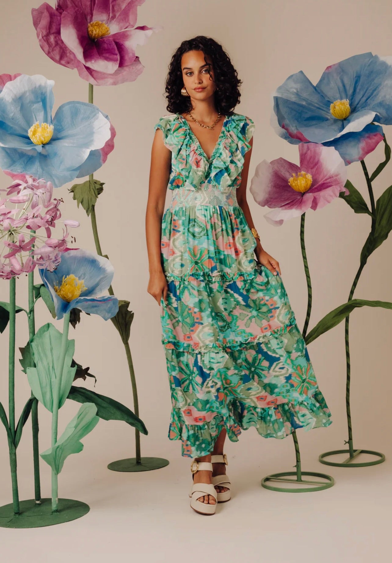 Azalea Midi Dress in Symphonic Ikat Bermuda by Sierra Deene