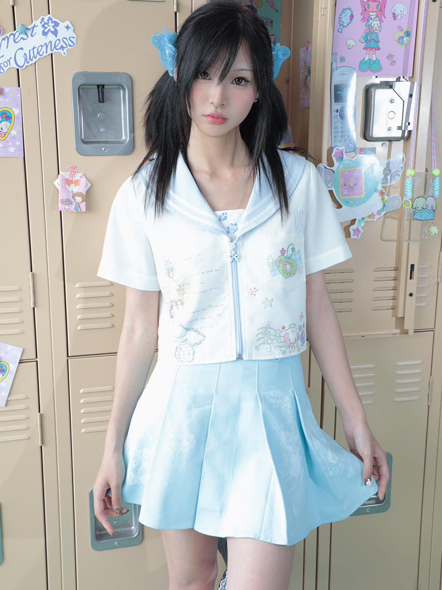 Hashtag DDD - Kawaii Sky Blue Pleated Mini Skirt by Land Decora