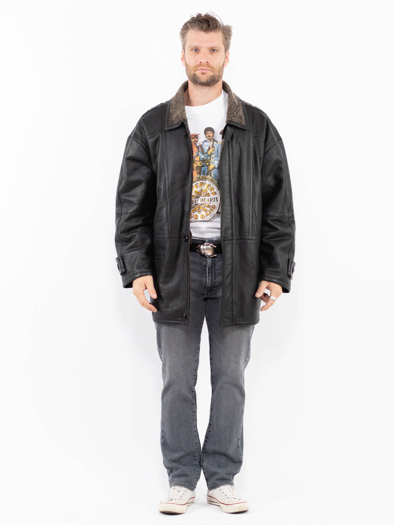 Vintage 90's Men Sheepskin Coat in Black by Northern Grip