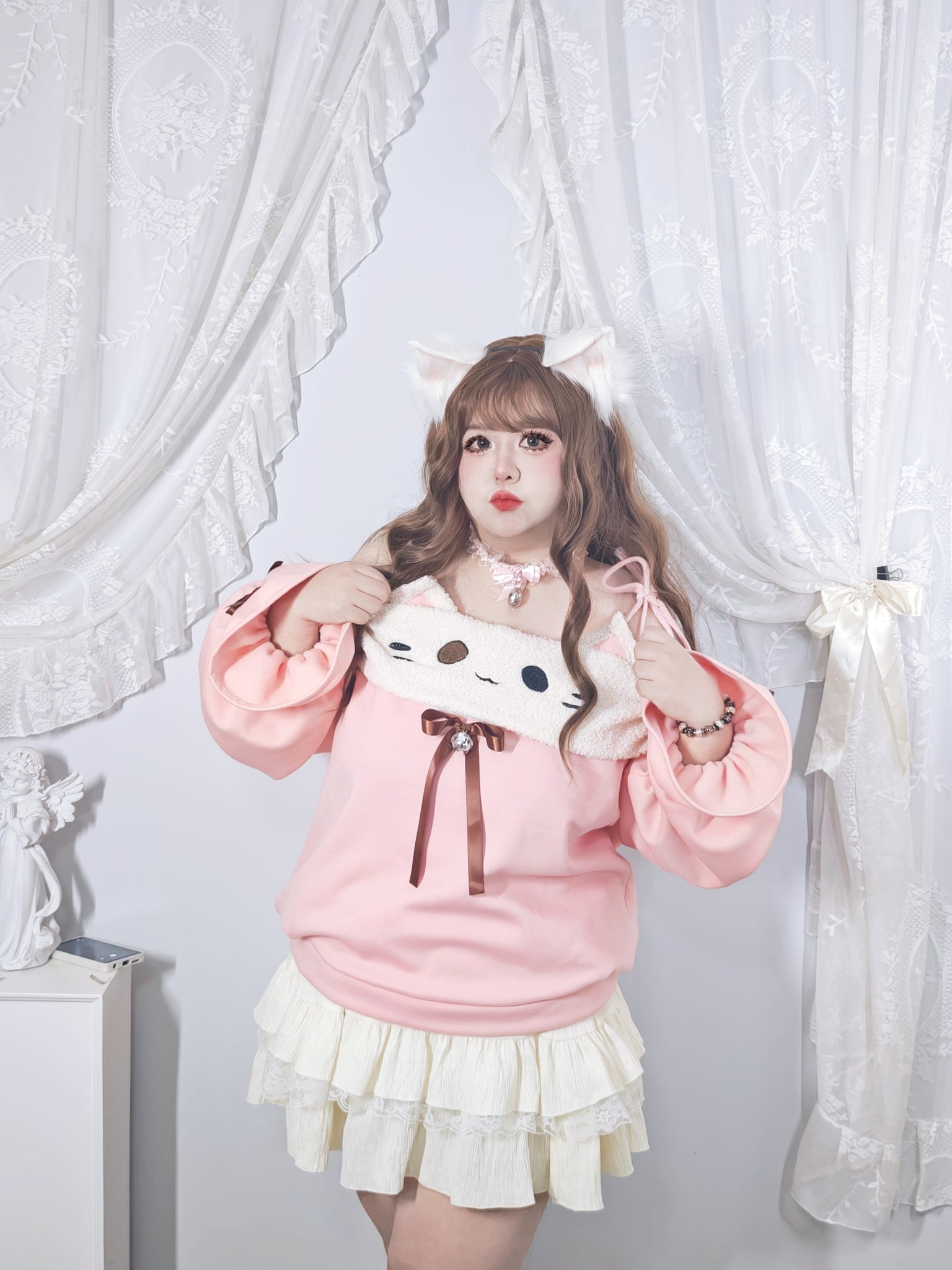 Kawaii Oversized Puff Sleeve Cat Bow Sweater Lace Skirt Set - Roro Dream by Land Decora