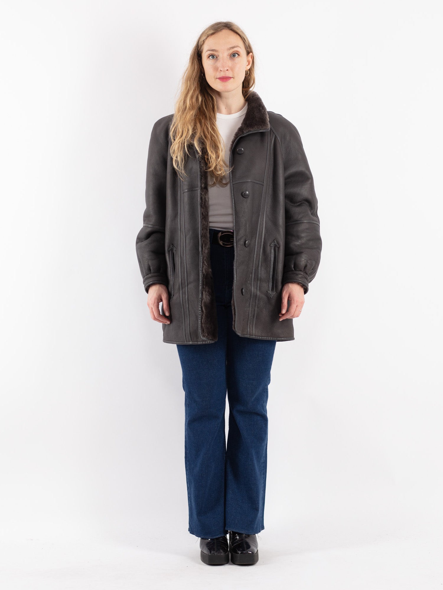 Vintage 80's Women Sheepskin Shearling Coat in Gray by Northern Grip