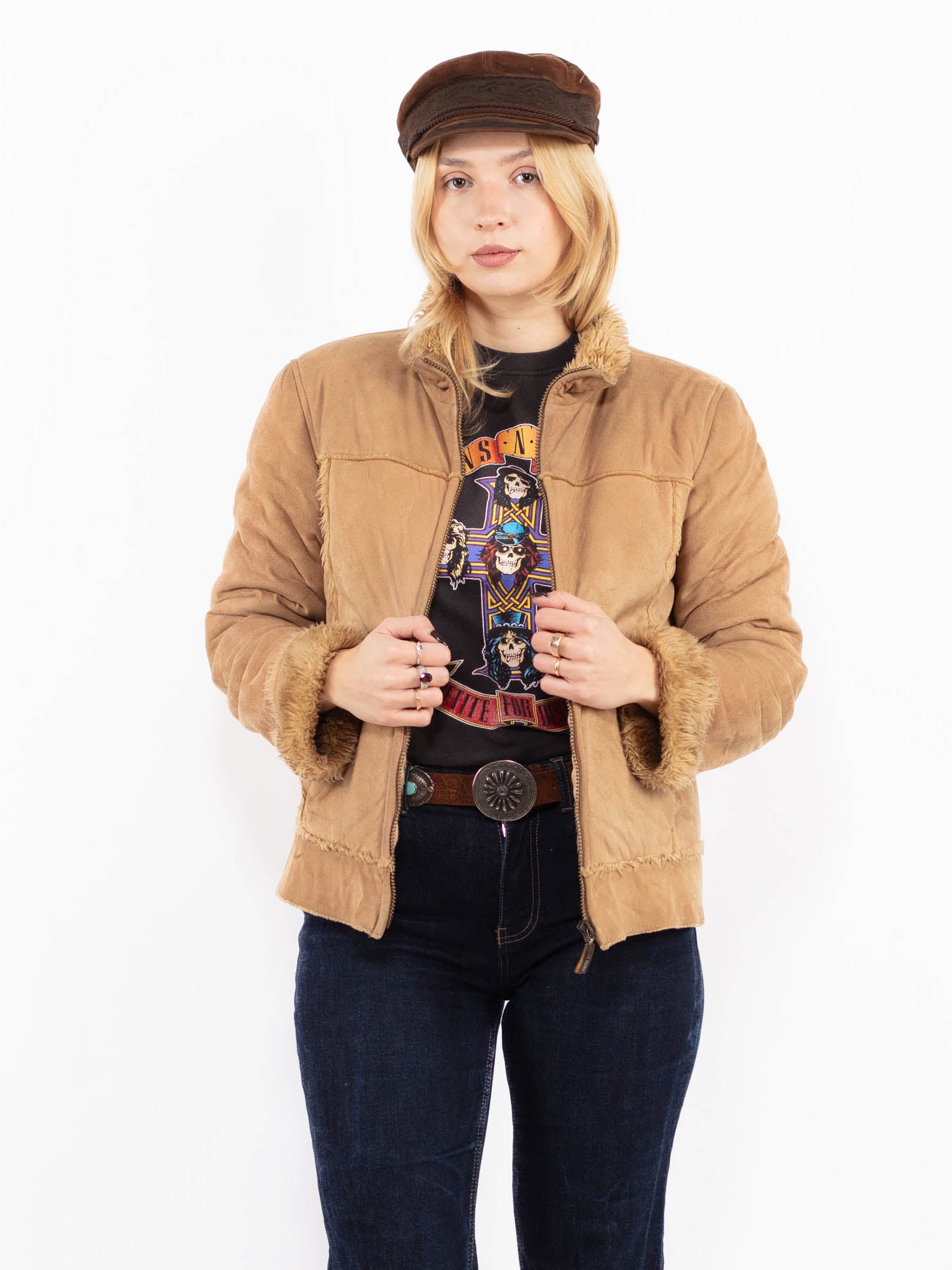 Vintage 90's Women Faux Sheepskin Jacket in Beige by Northern Grip