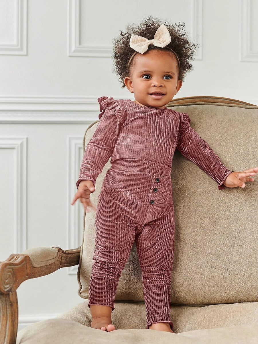 GEORGIA VELVET RUFFLE TOP & BUTTON PANTS SET IN DUSTY PINK - FINAL SAL by RAËLIV