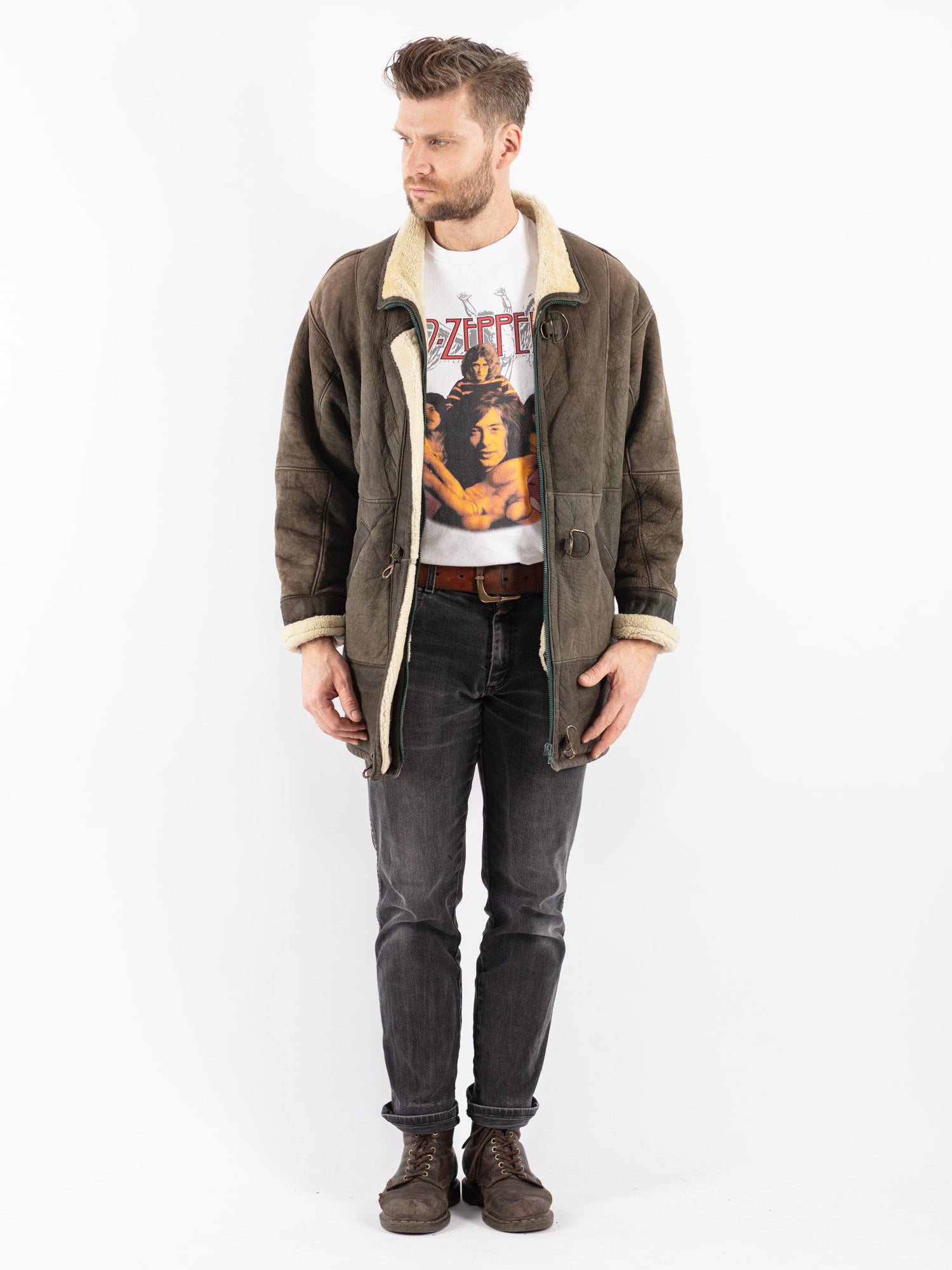 Vintage 70's Men Sheepskin Coat in Khaki by Northern Grip