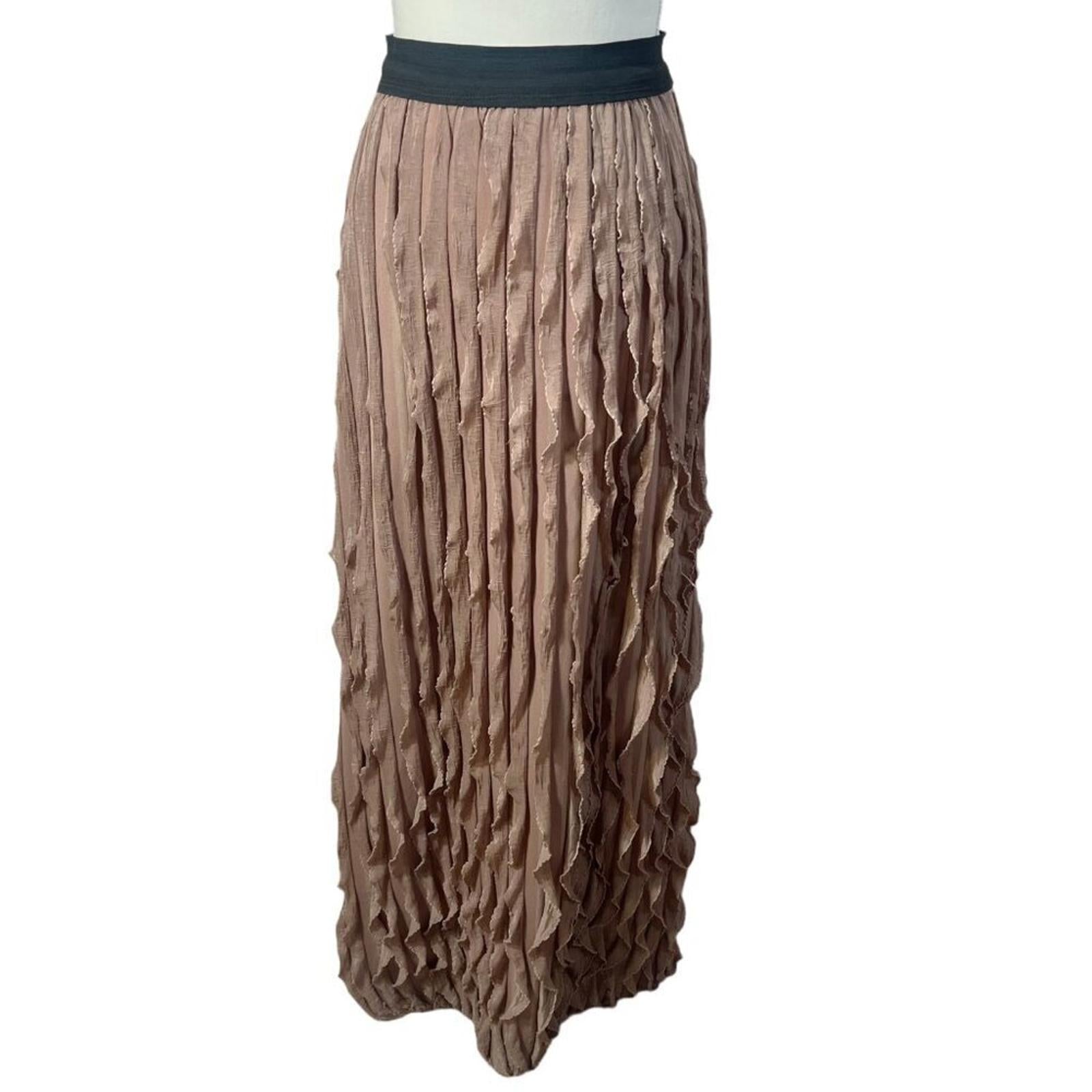 Vintage Tan Ruffle Maxi Skirt Wrinkled Pleated Skirt Women's Size M by Hot Girl Secondhand