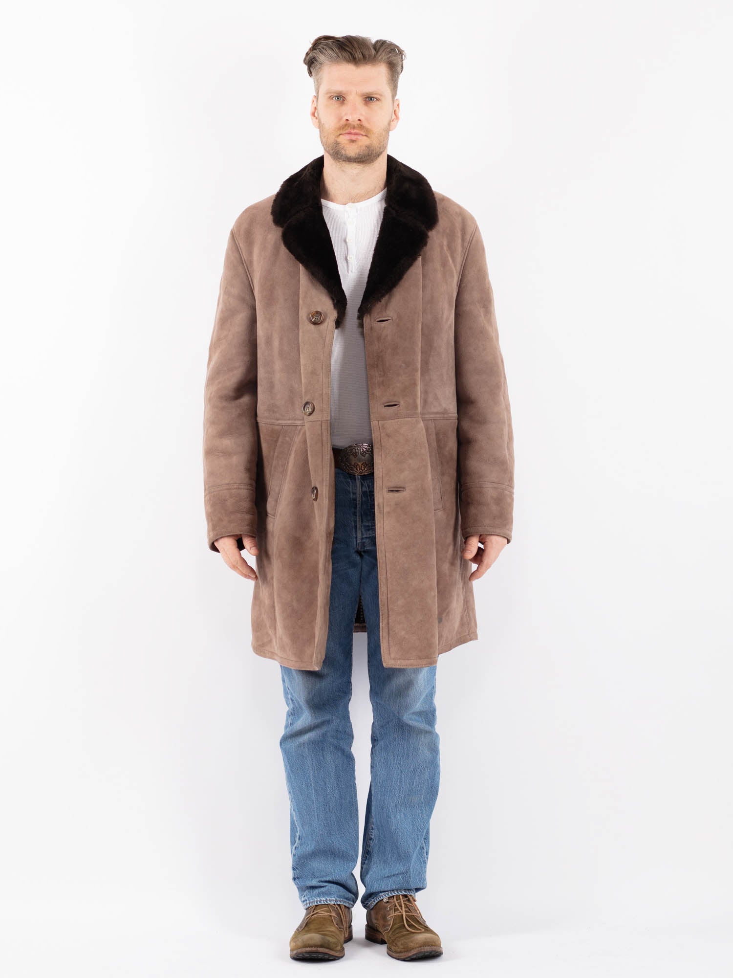 Vintage 70's Men Sheepskin Coat in Beige by Northern Grip