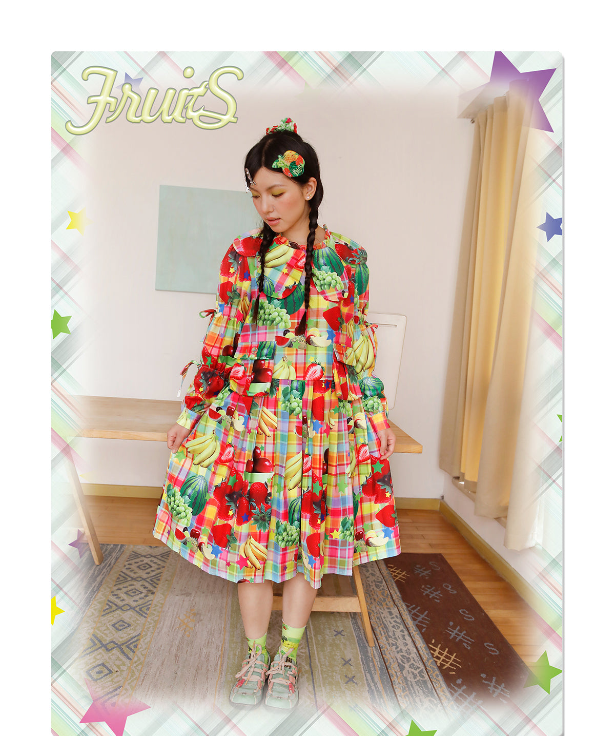 Kawaii Fruit Print Doll Collar Long Sleeve Dress - FRUITS by Land Decora