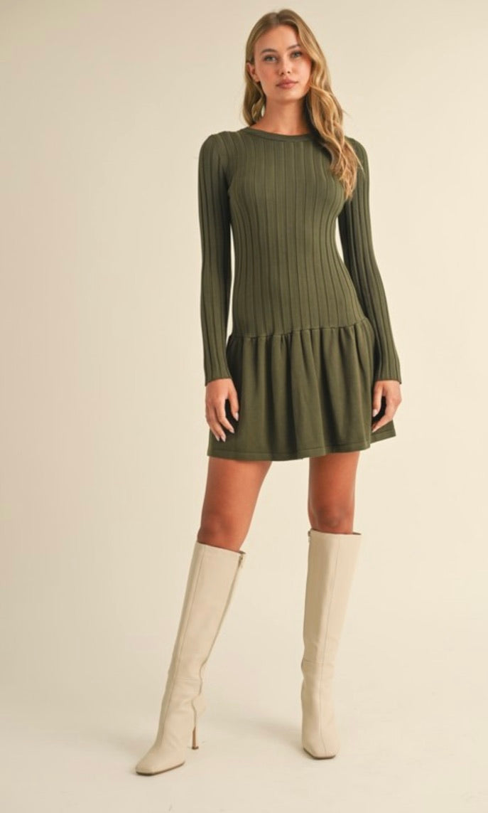 Ribbed Long Sleeve Crewneck Drop Waist Flare Dress in Olive by Sierra Deene