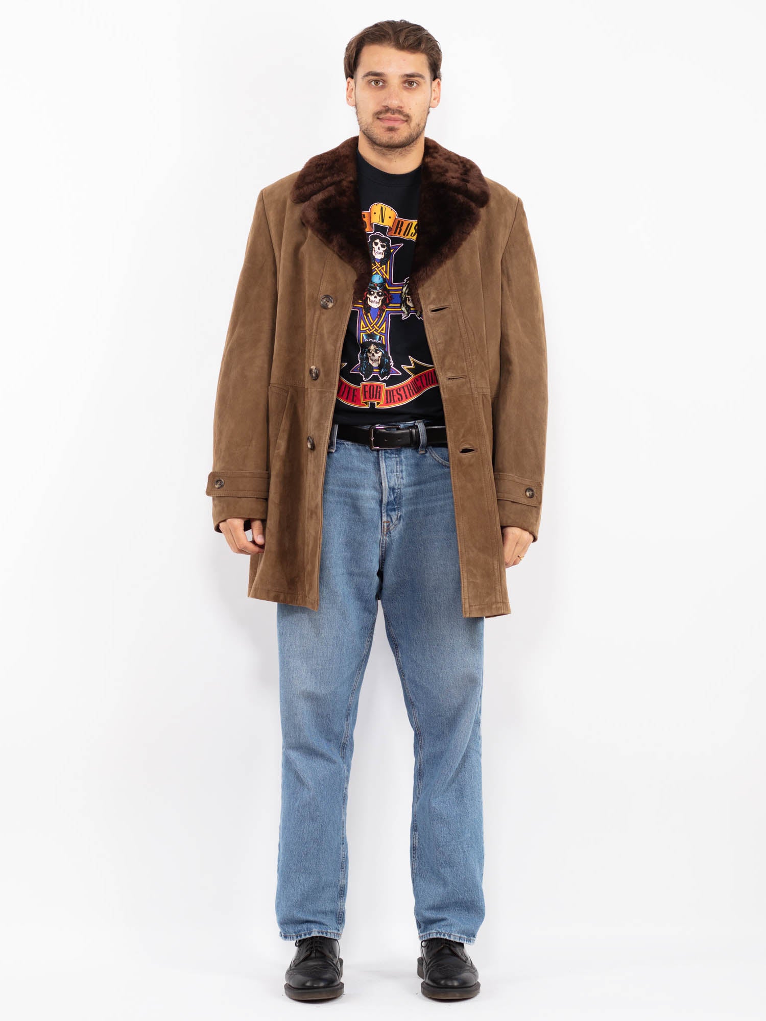 Vintage 70's Men Suede Sherpa Coat in Dark Beige by Northern Grip