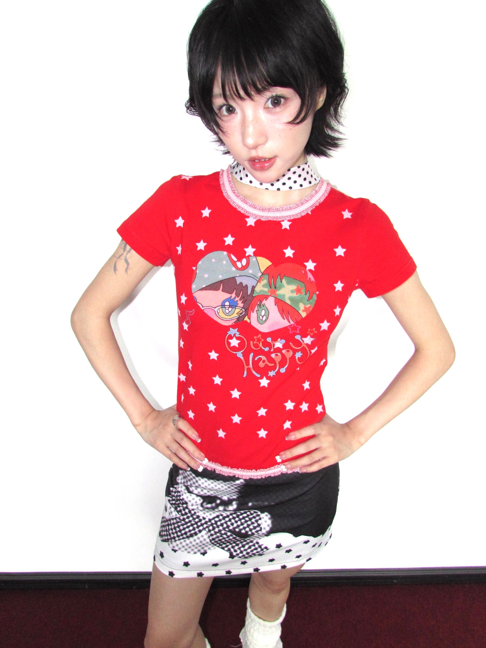 OurHappy Kawaii Harajuku Slim Fit Top | Lace Trim Cotton Print Tee by Land Decora