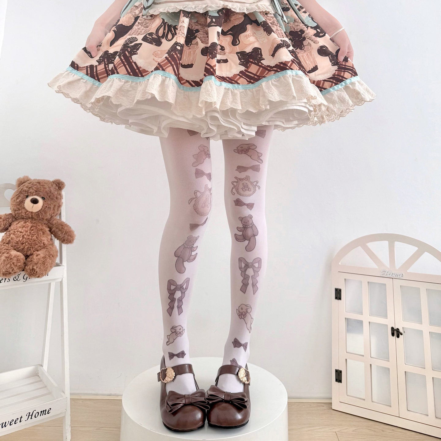 Kawaii Velvet Bunny Bear Tights - 2 Bears by Land Decora