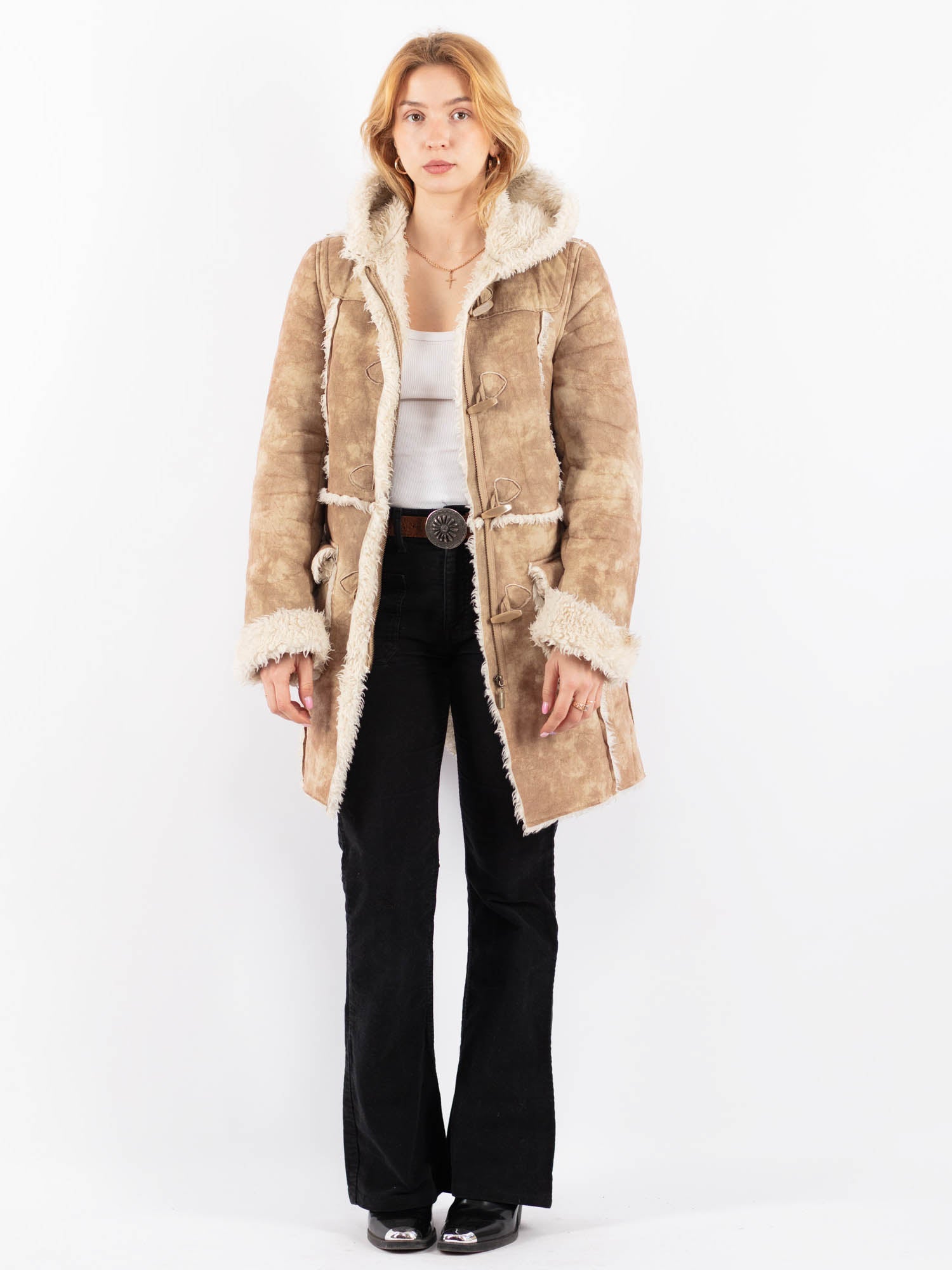Vintage 90's Women Faux Sheepskin Coat in Beige by Northern Grip