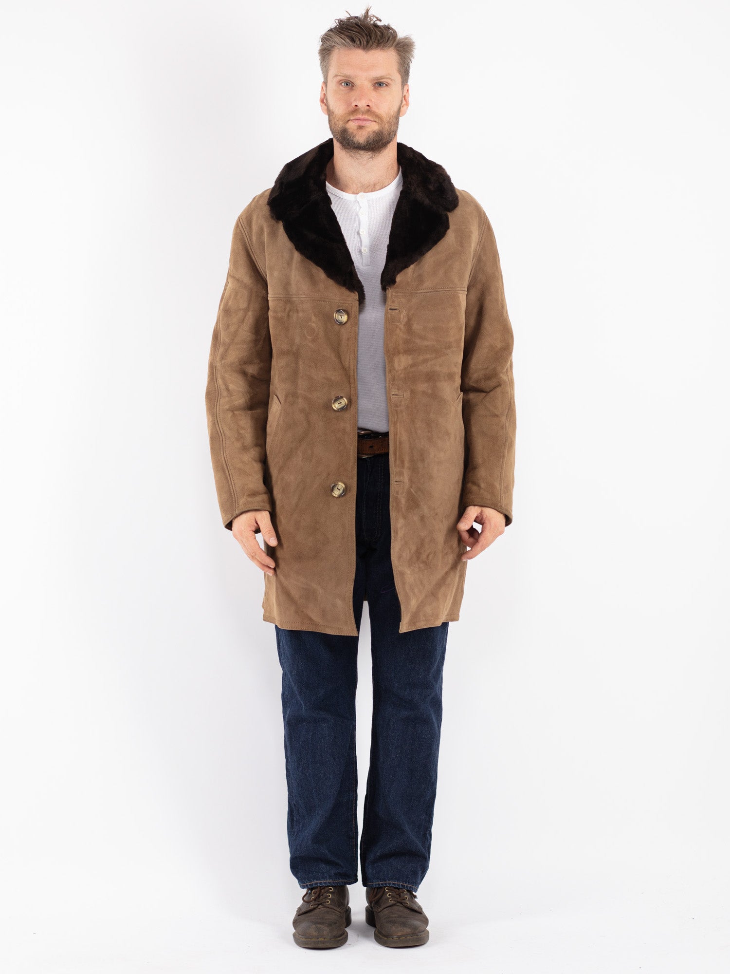 Vintage 70's Men Suede Sherpa Coat in Beige by Northern Grip