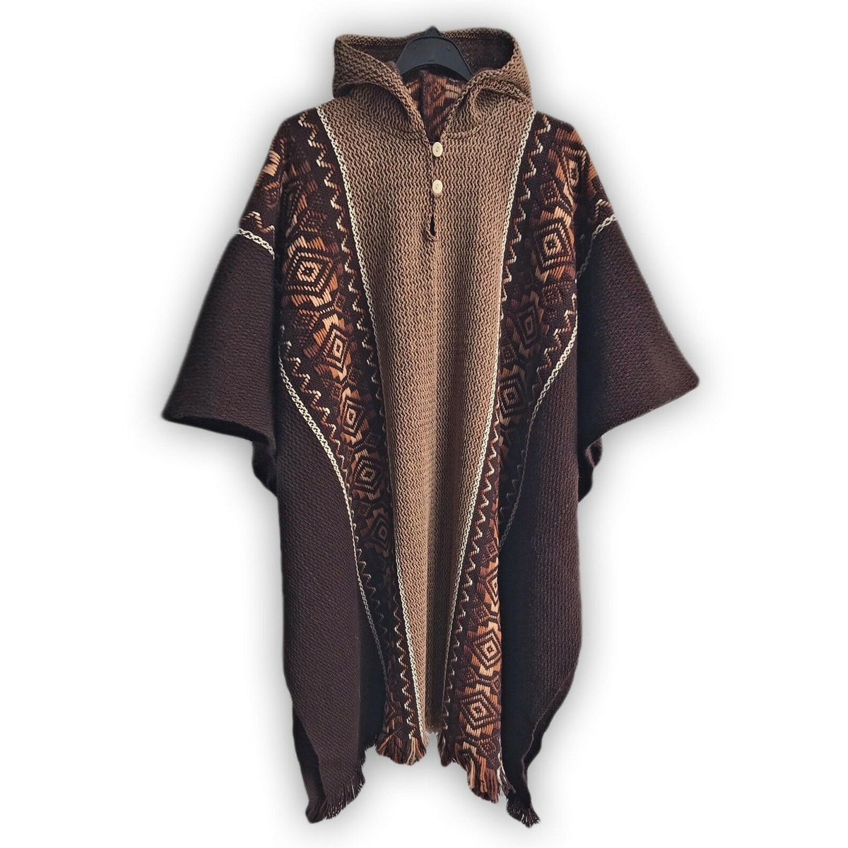 Llama Wool Unisex South American Handwoven Hooded Poncho - solid brown by ECUALAMA