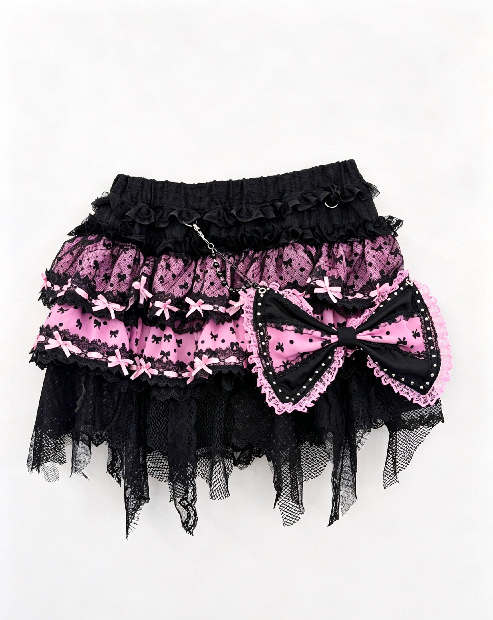 Black Pink Bow Lace Mini Skirt | Jirai Kei Dark Kawaii Y2K Fashion by Land Decora