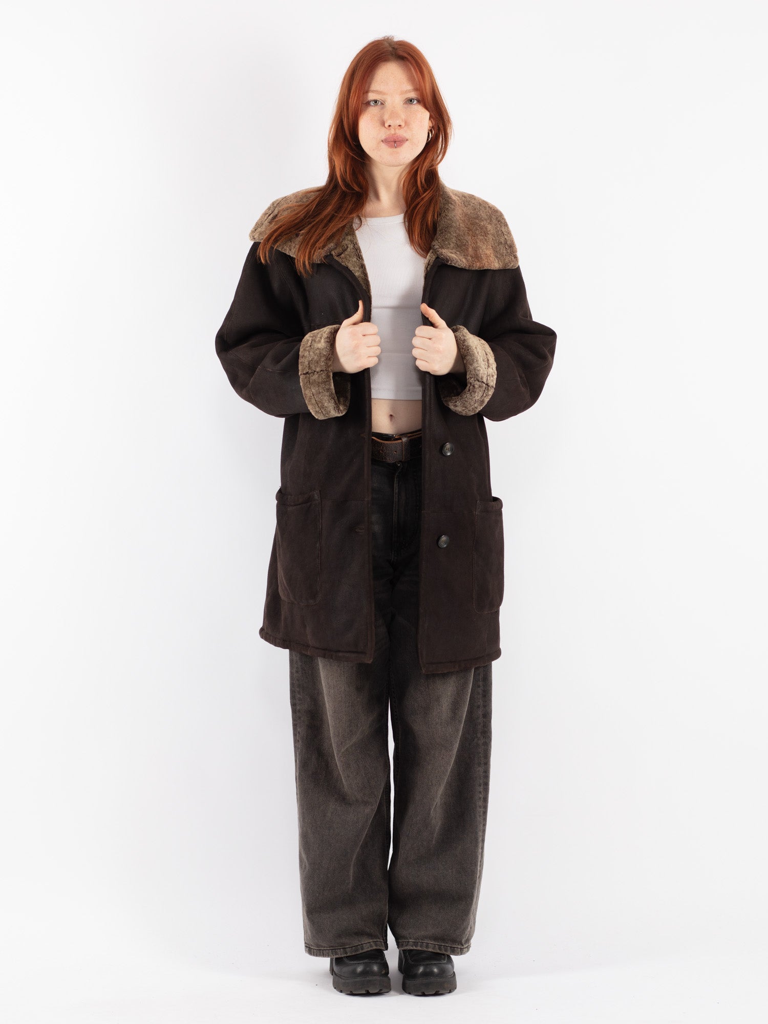 Vintage 90's Women Oversized Sheepskin Coat in Brown by Northern Grip