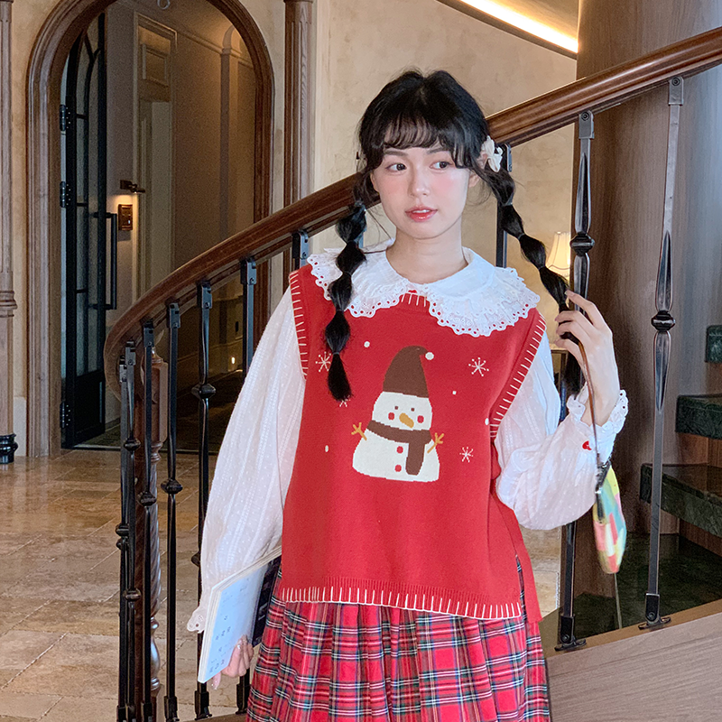 Kawaii Knit Vest Top Red Snowman Handmade Trim - Mameya by Land Decora