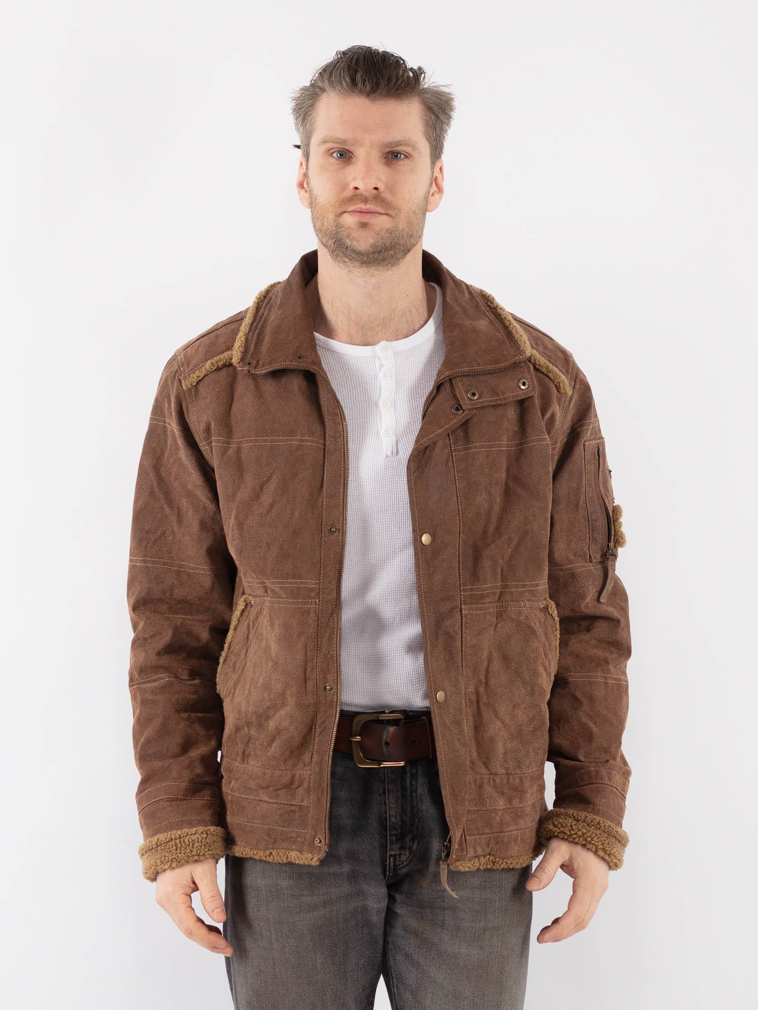 Vintage 90's Men Suede Sherpa Jacket in Beige by Northern Grip
