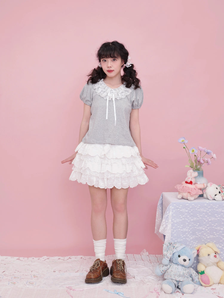SemenCoicis Vintage Ruffle Collar Tee | Kawaii Puff Sleeve Cotton Top by Land Decora