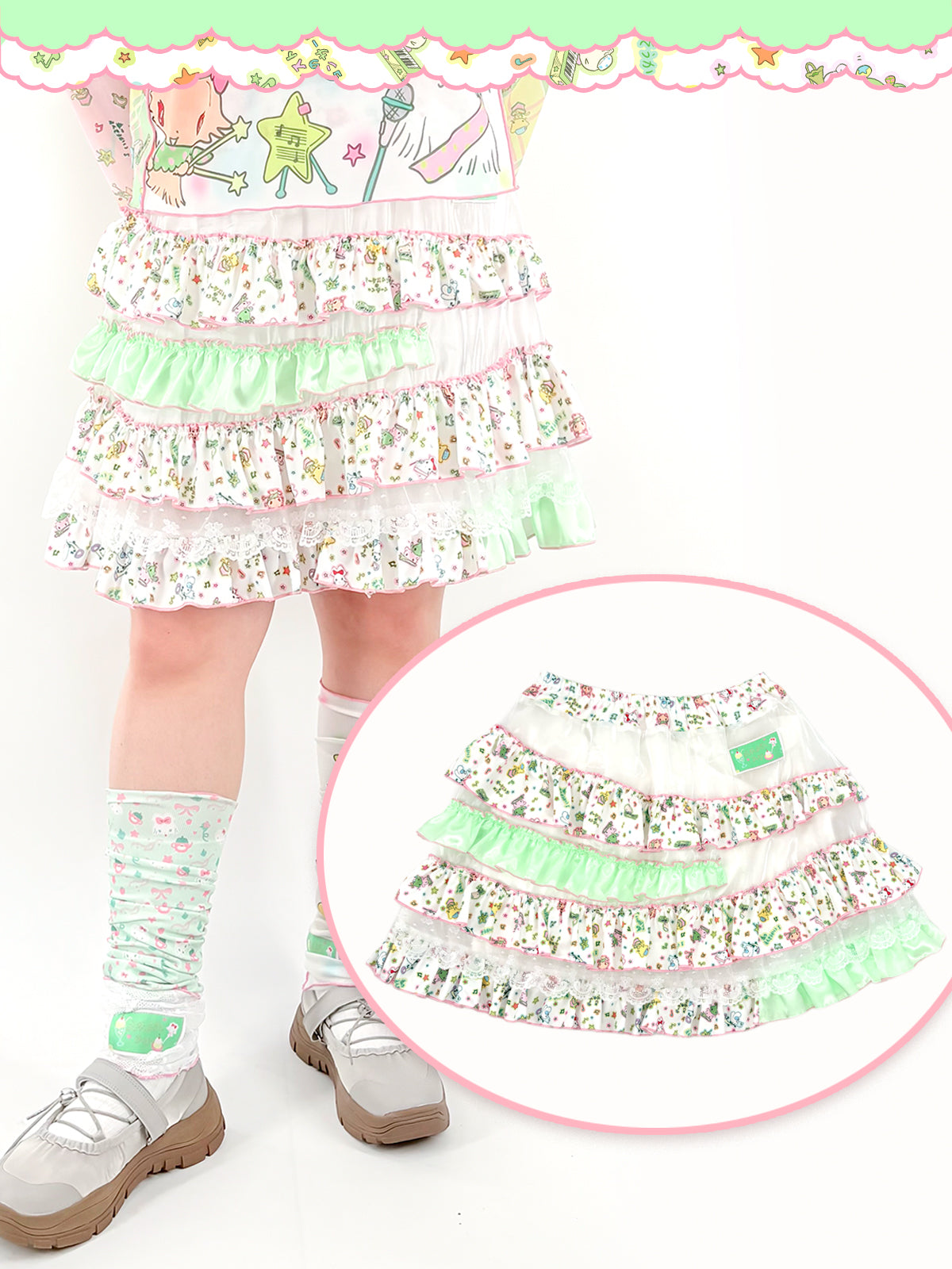 Kawaii Layered Print Skirt Ruffle Hem Elastic Waist - shishihshop by Land Decora