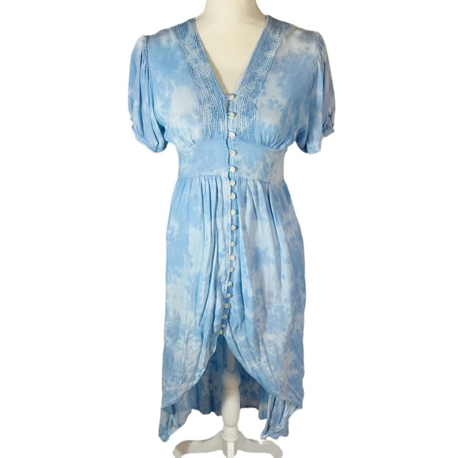 Aqua Blue Tie Dye High Low Button Up Peasant Dress Women's Size XS by Hot Girl Secondhand