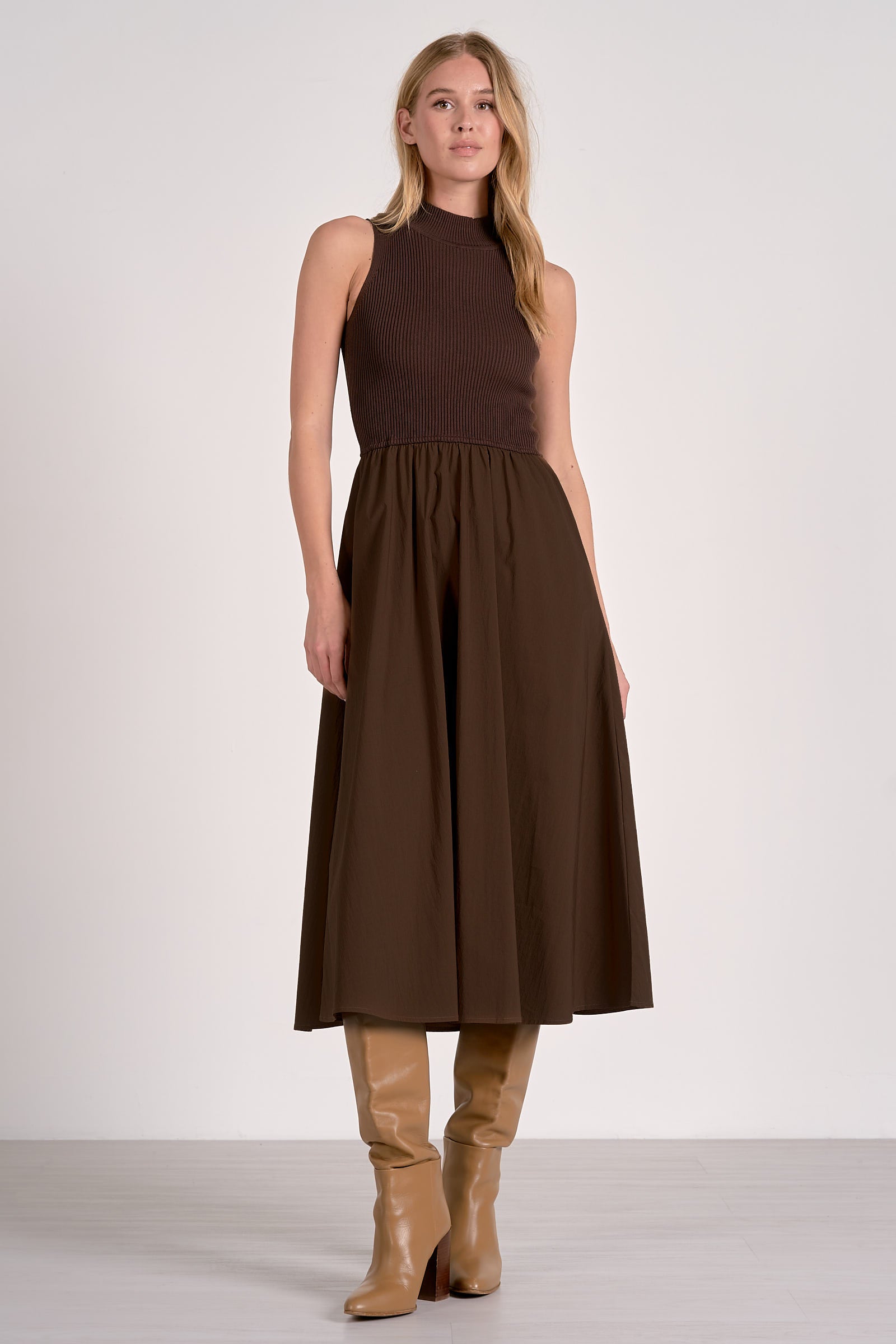 Elan Elsie Mixed Media Maxi Dress in Cocoa by Sierra Deene