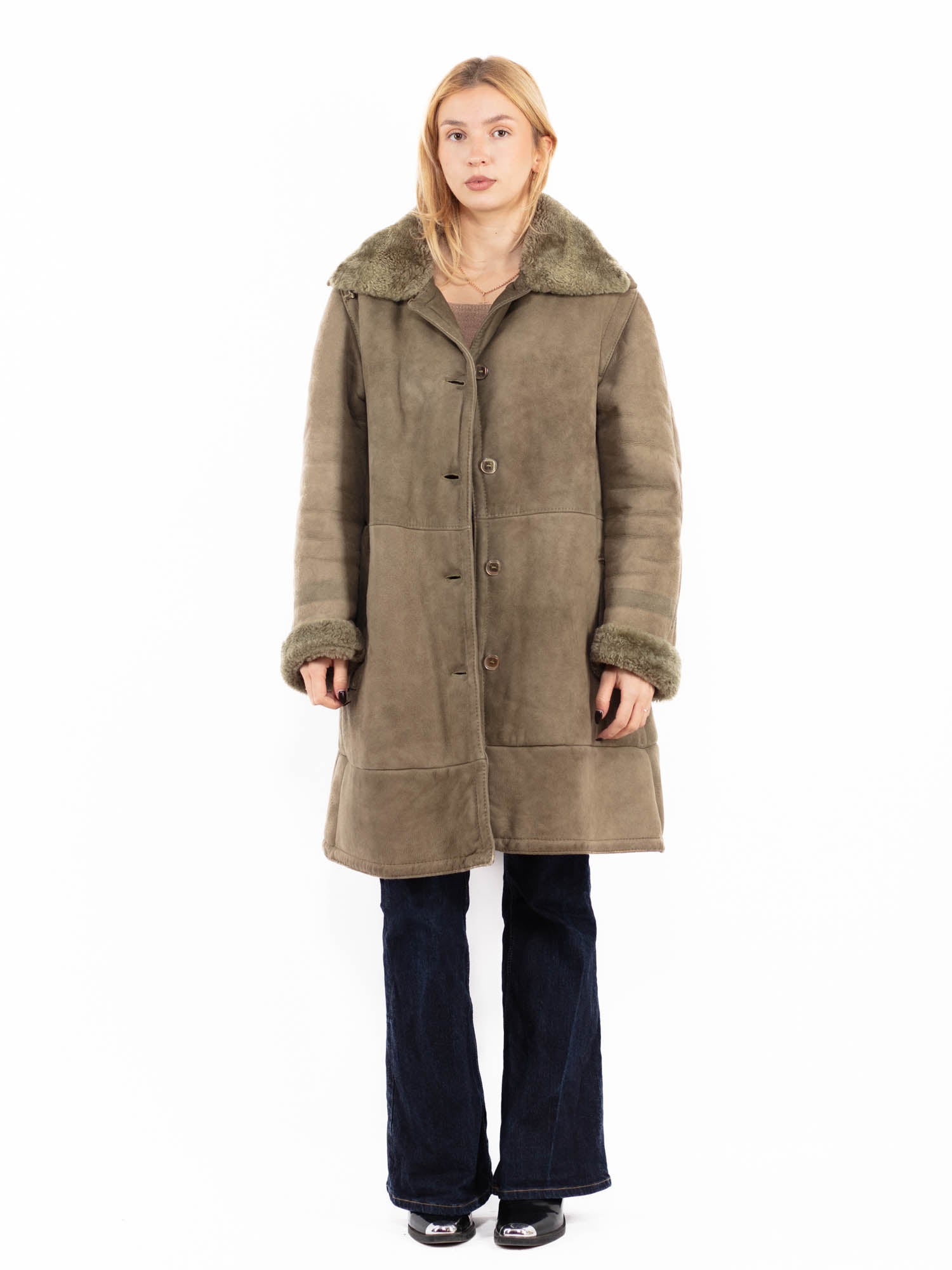 Vintage 70's Women Sheepskin Coat in Light Green by Northern Grip
