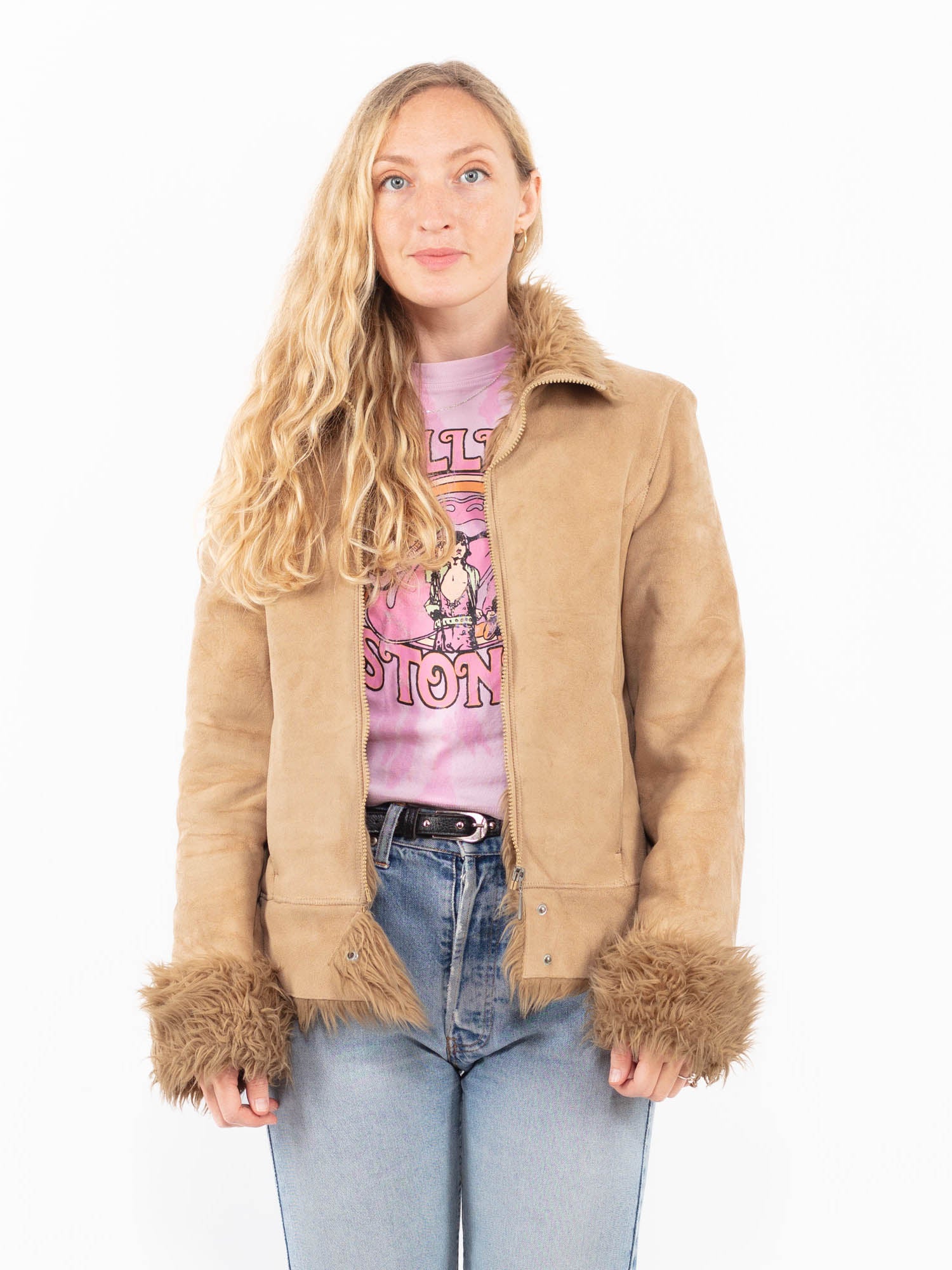 Vintage 90's Women Faux Sheepskin Jacket in Beige by Northern Grip